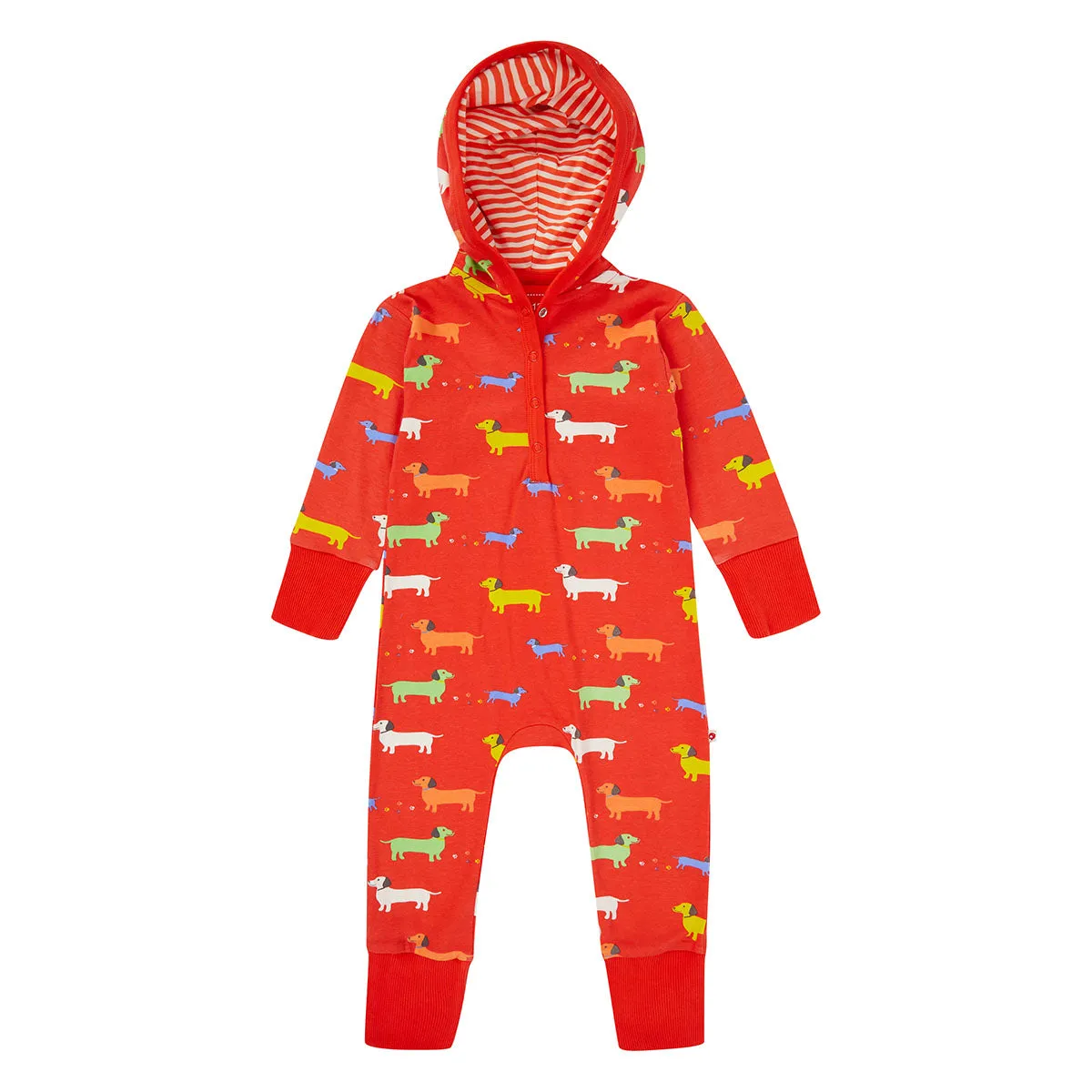 Piccalilly Sausage Dog, Red Organic Hooded Playsuit