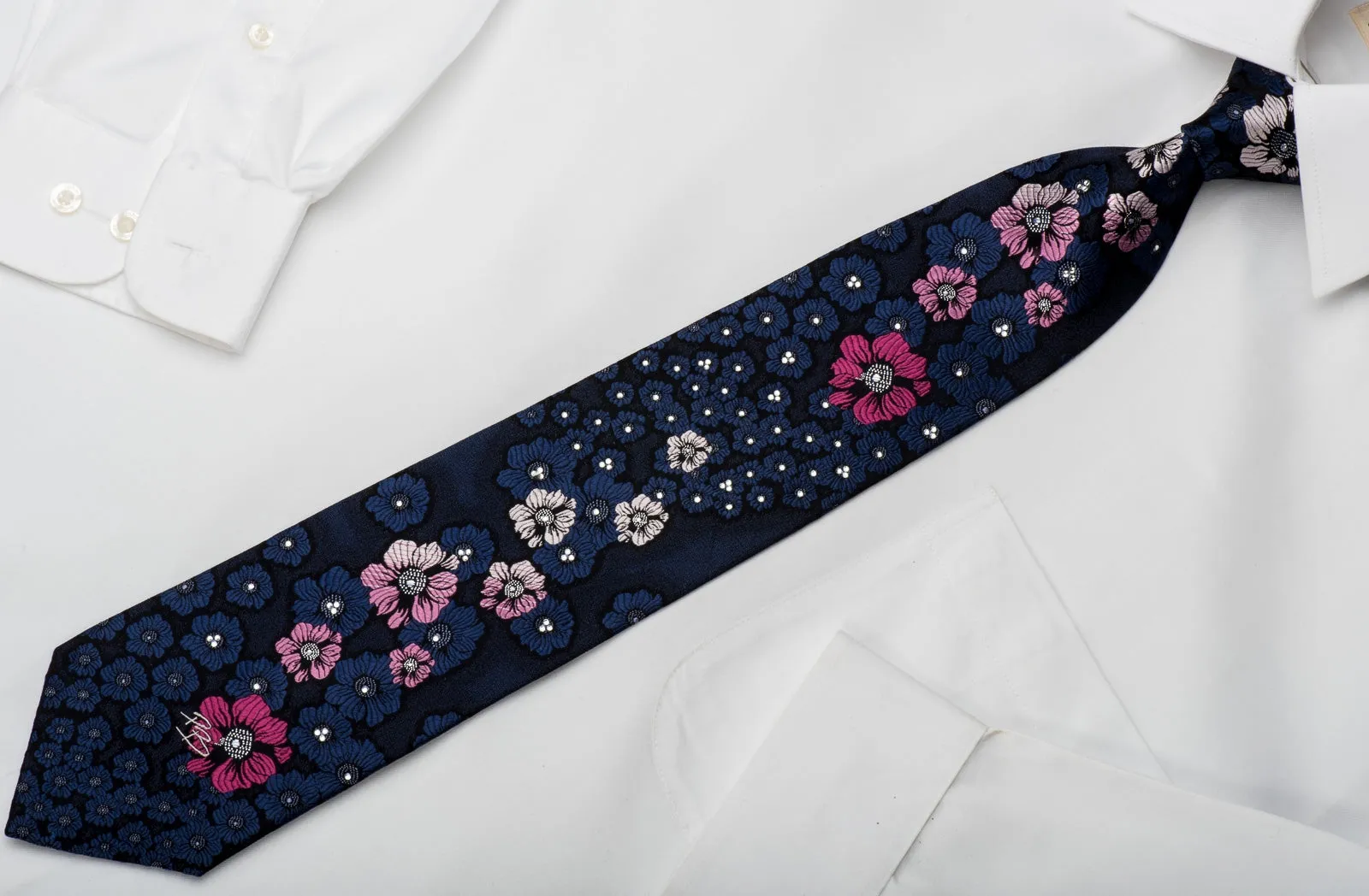 Pierre Balmain Rhinestone Necktie Floral On Blue With Silver Sparkles