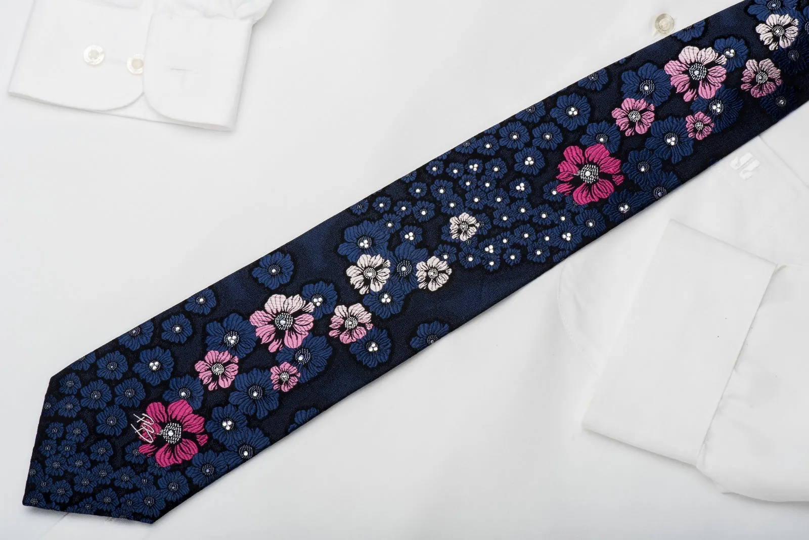 Pierre Balmain Rhinestone Necktie Floral On Blue With Silver Sparkles