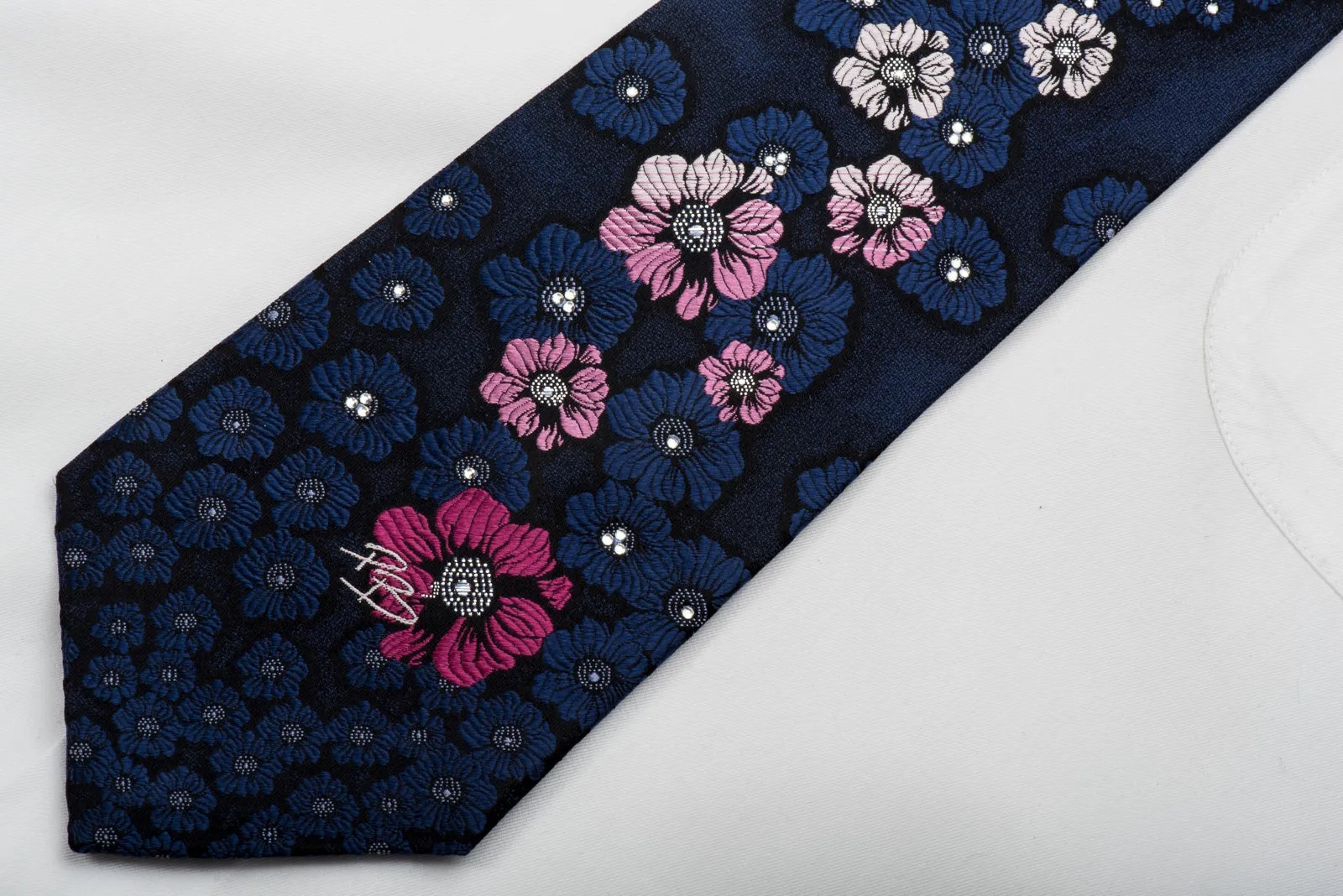 Pierre Balmain Rhinestone Necktie Floral On Blue With Silver Sparkles