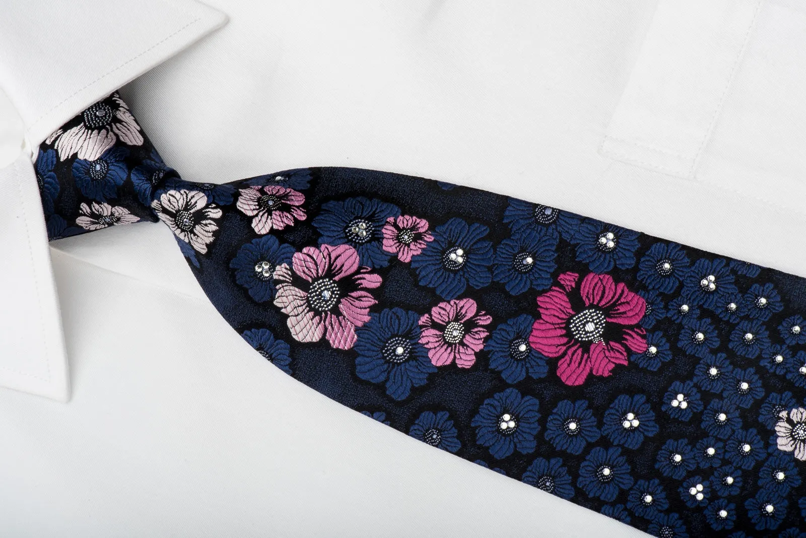 Pierre Balmain Rhinestone Necktie Floral On Blue With Silver Sparkles