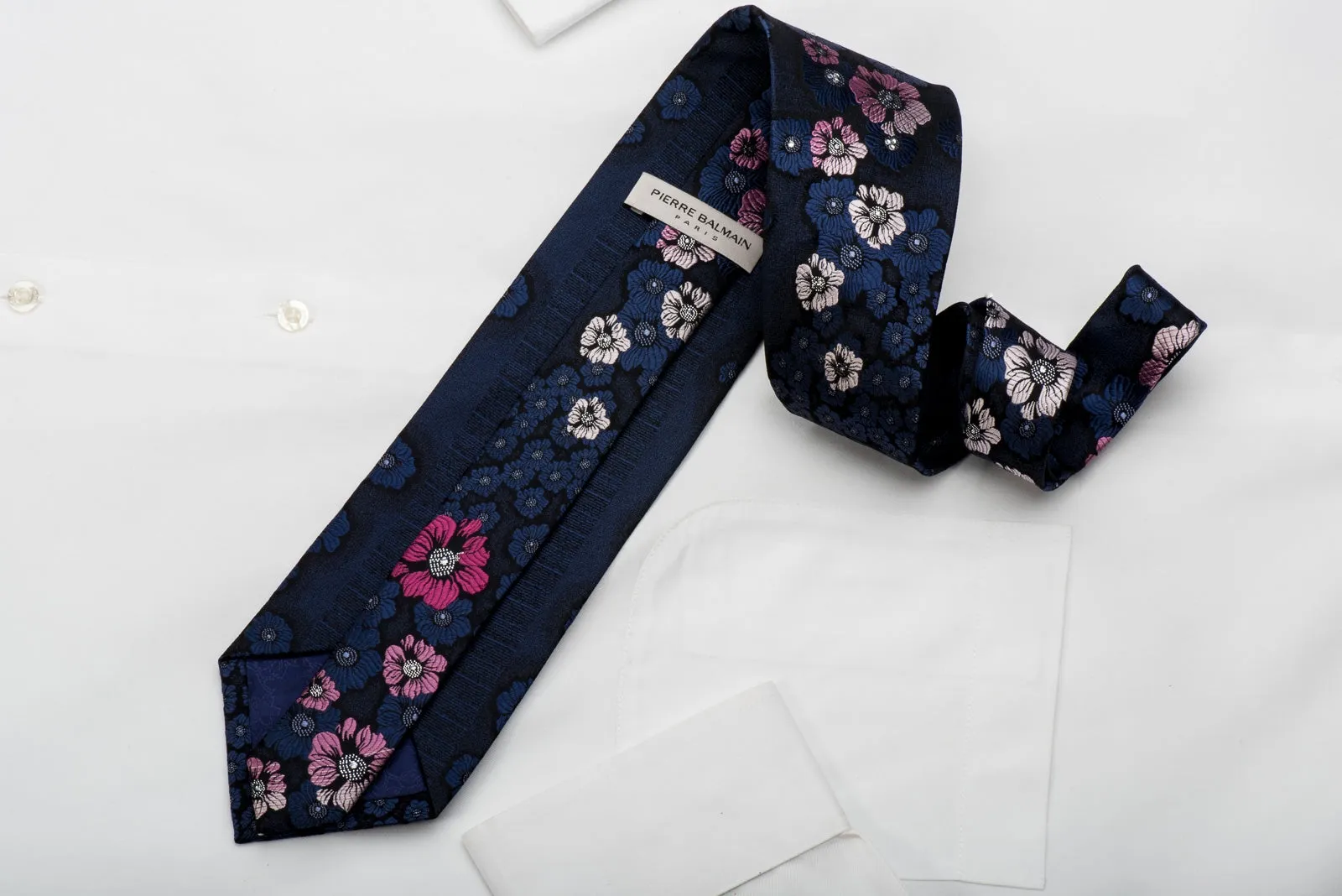 Pierre Balmain Rhinestone Necktie Floral On Blue With Silver Sparkles