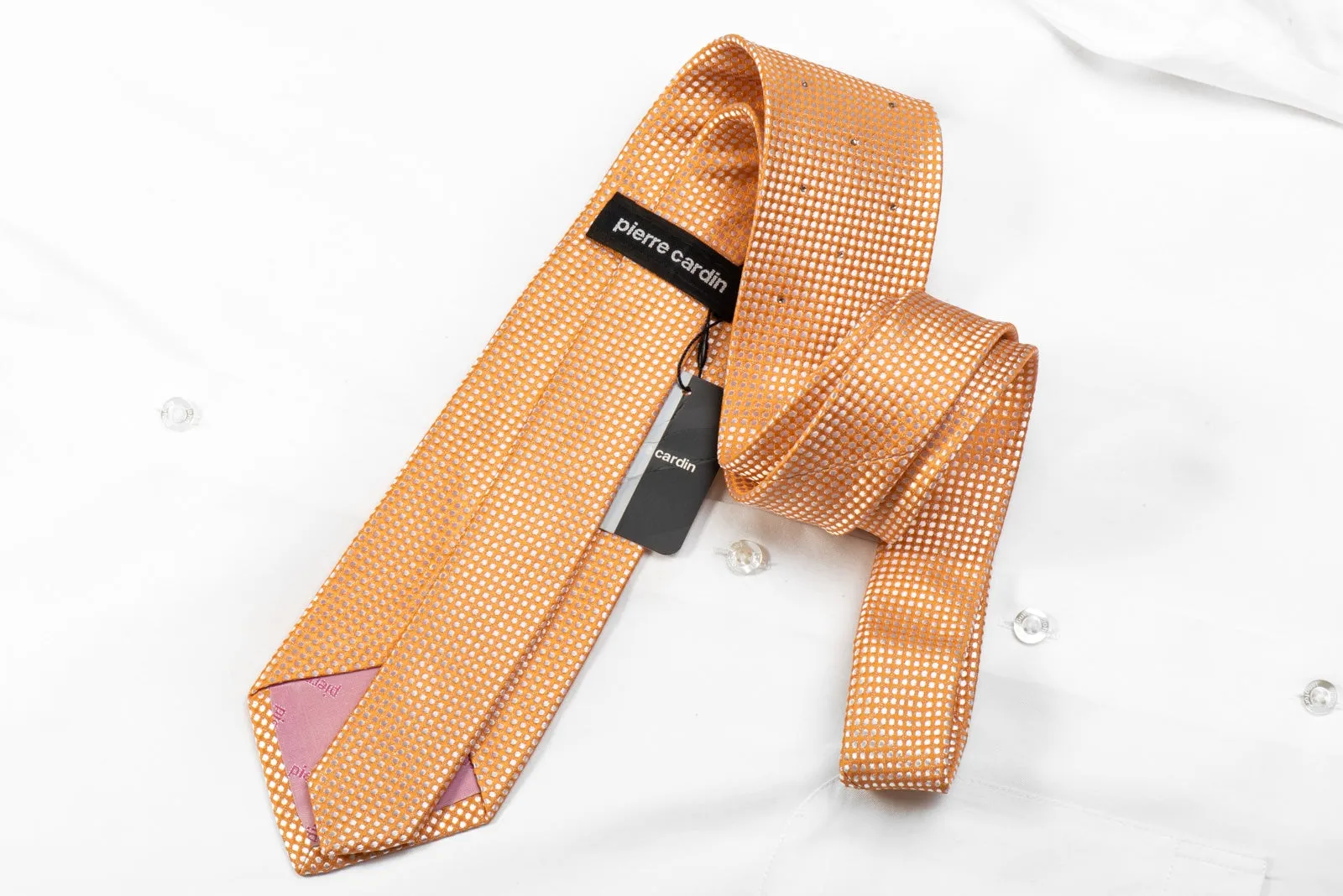 Pierre Cardin Men's Crystal Silk Necktie Micro Dots On Peach Orange With Silver Sparkles