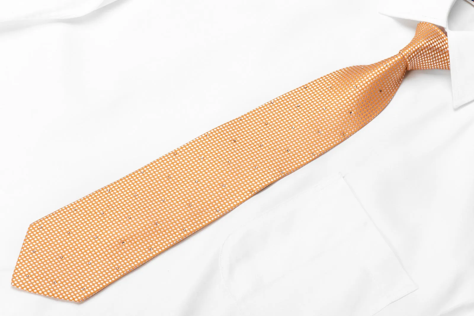 Pierre Cardin Men's Crystal Silk Necktie Micro Dots On Peach Orange With Silver Sparkles