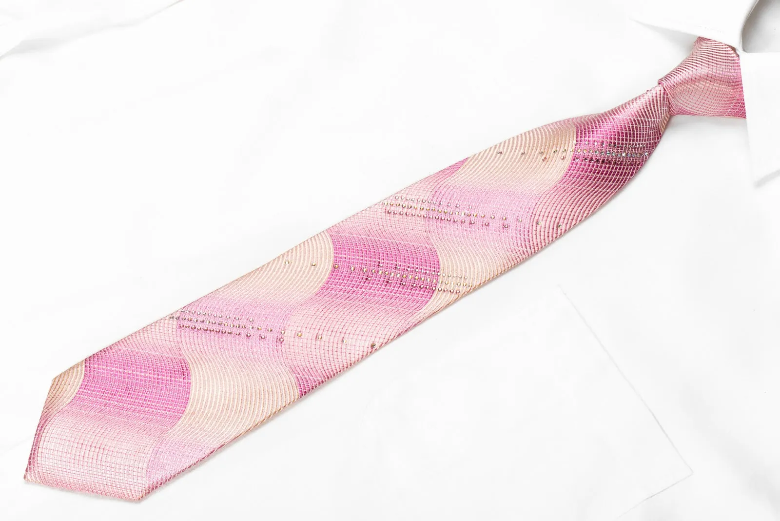 Pierre Cardin Men's Crystal Silk Necktie Waves On Pink With Silver Sparkles