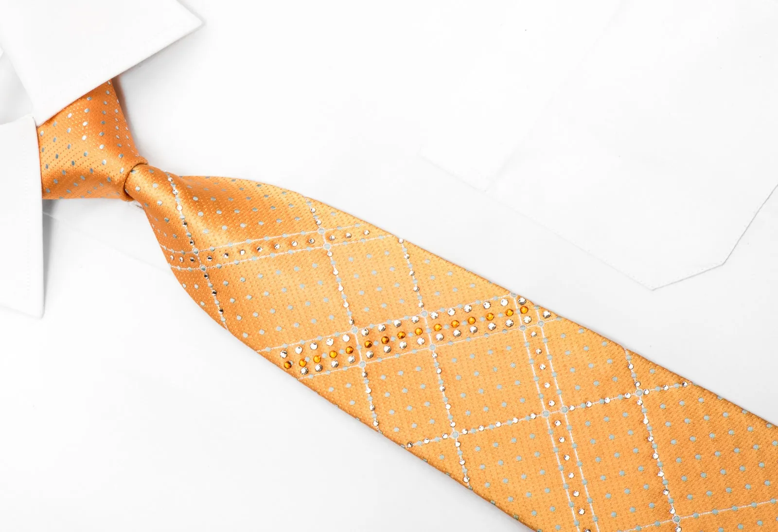 Pierre Cardin Men's Silk Rhinestone Necktie Silver Dots On Orange With Sparkles