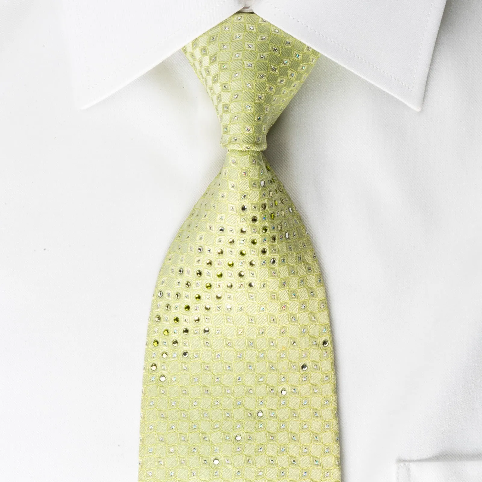 Pierre Cardin Rhinestone Silk Necktie Geometric On Green With Silver Sparkles