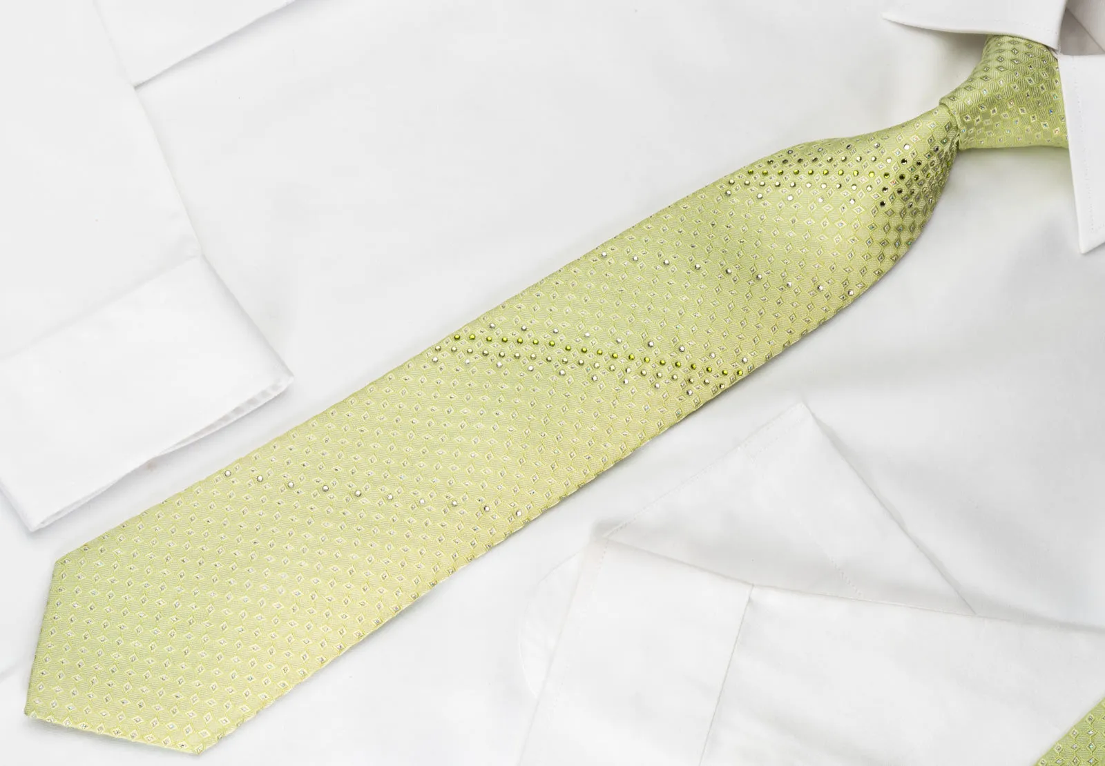 Pierre Cardin Rhinestone Silk Necktie Geometric On Green With Silver Sparkles