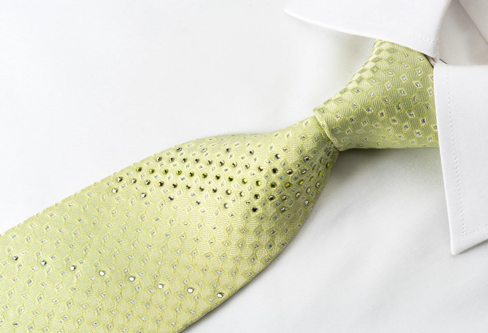 Pierre Cardin Rhinestone Silk Necktie Geometric On Green With Silver Sparkles