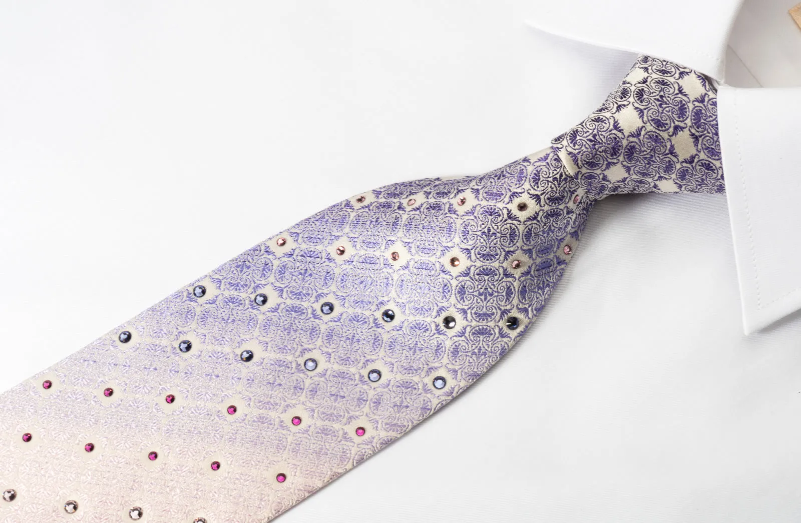 Pierre Cardin Silk Necktie Purple Flur De Lis On White With Crystal Rhinestone