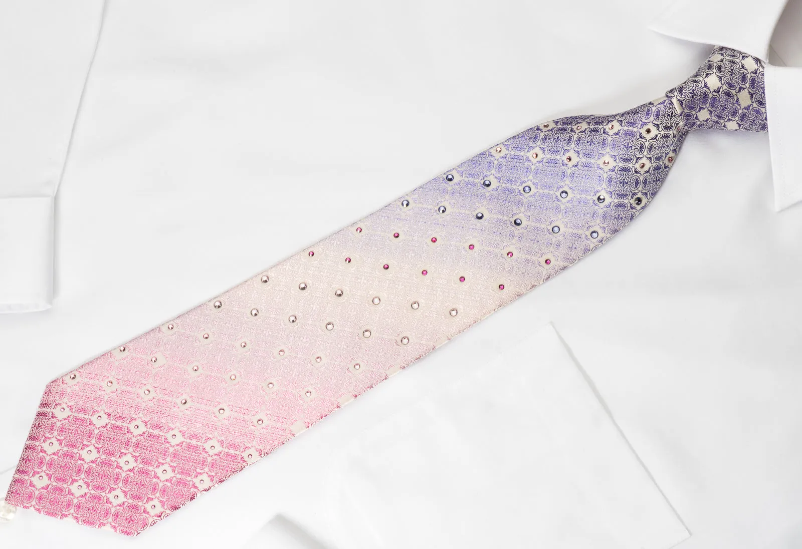 Pierre Cardin Silk Necktie Purple Flur De Lis On White With Crystal Rhinestone