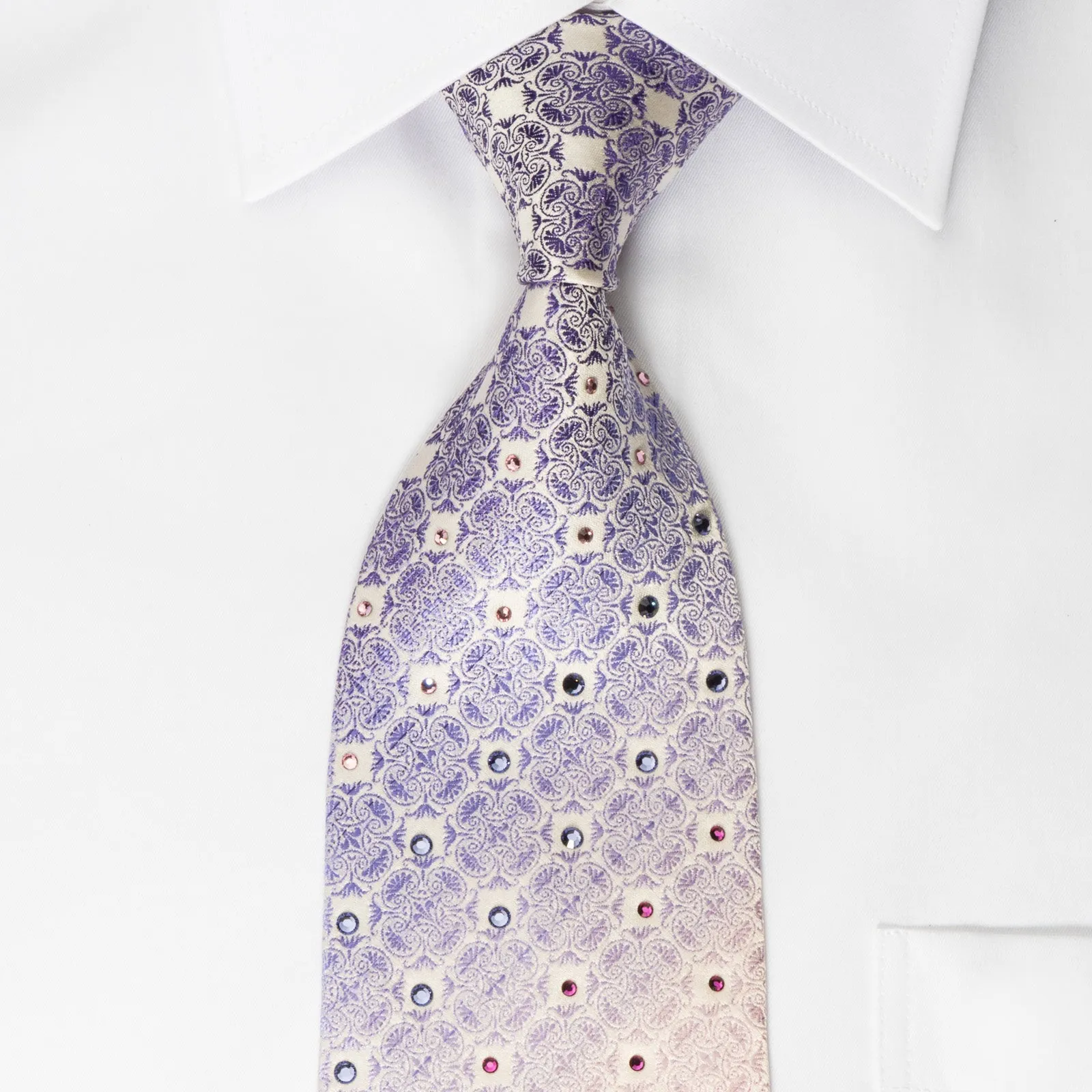 Pierre Cardin Silk Necktie Purple Flur De Lis On White With Crystal Rhinestone