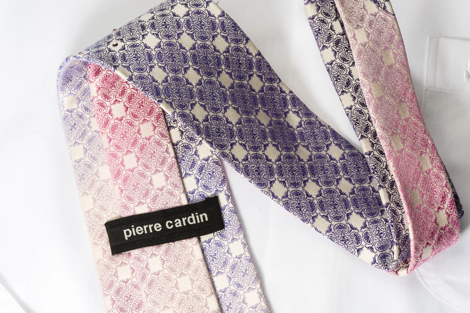 Pierre Cardin Silk Necktie Purple Flur De Lis On White With Crystal Rhinestone