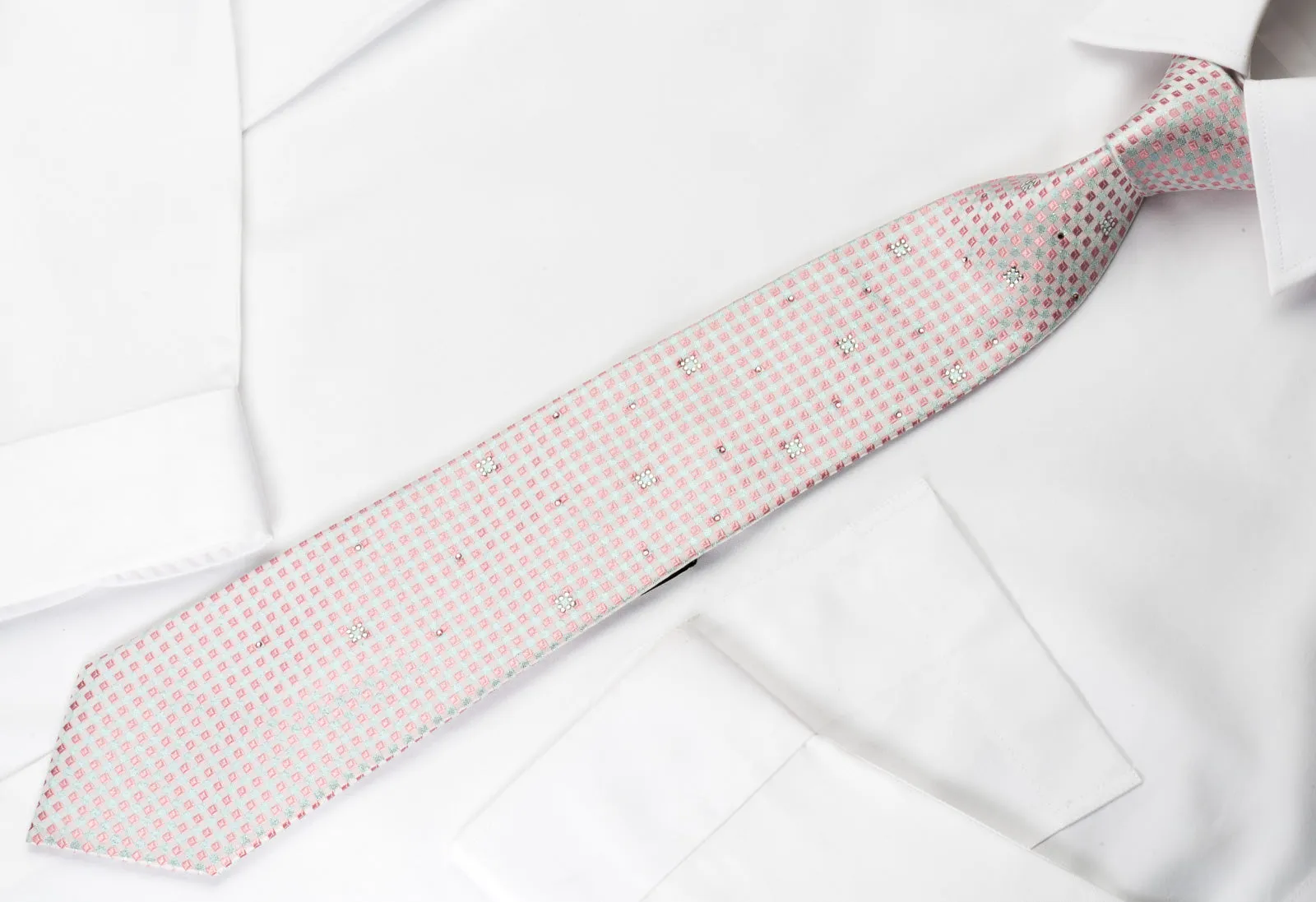 Pierre Cardin Silk Rhinestone Necktie Pink Blue Checked With Silver Sparkles