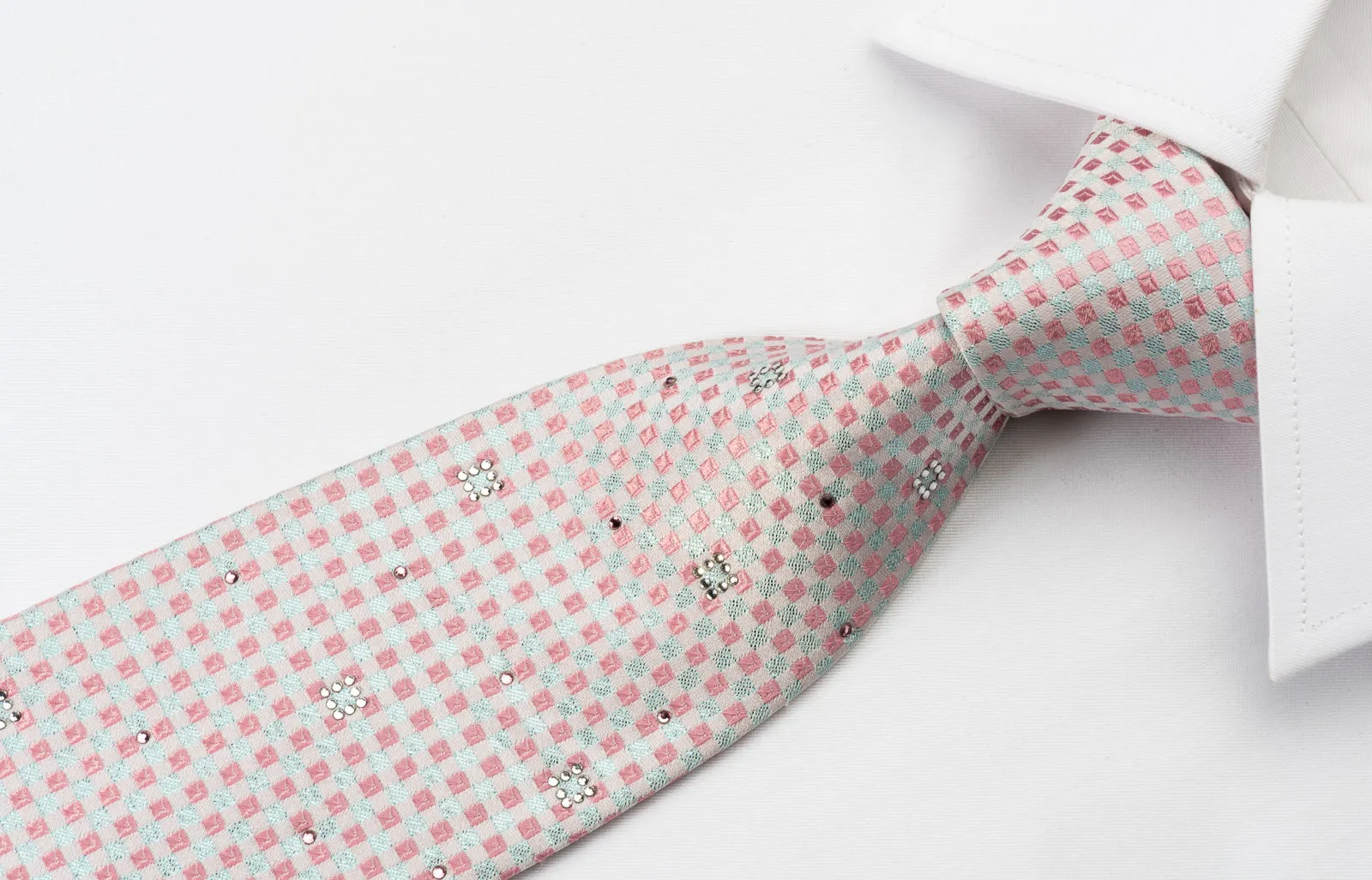 Pierre Cardin Silk Rhinestone Necktie Pink Blue Checked With Silver Sparkles