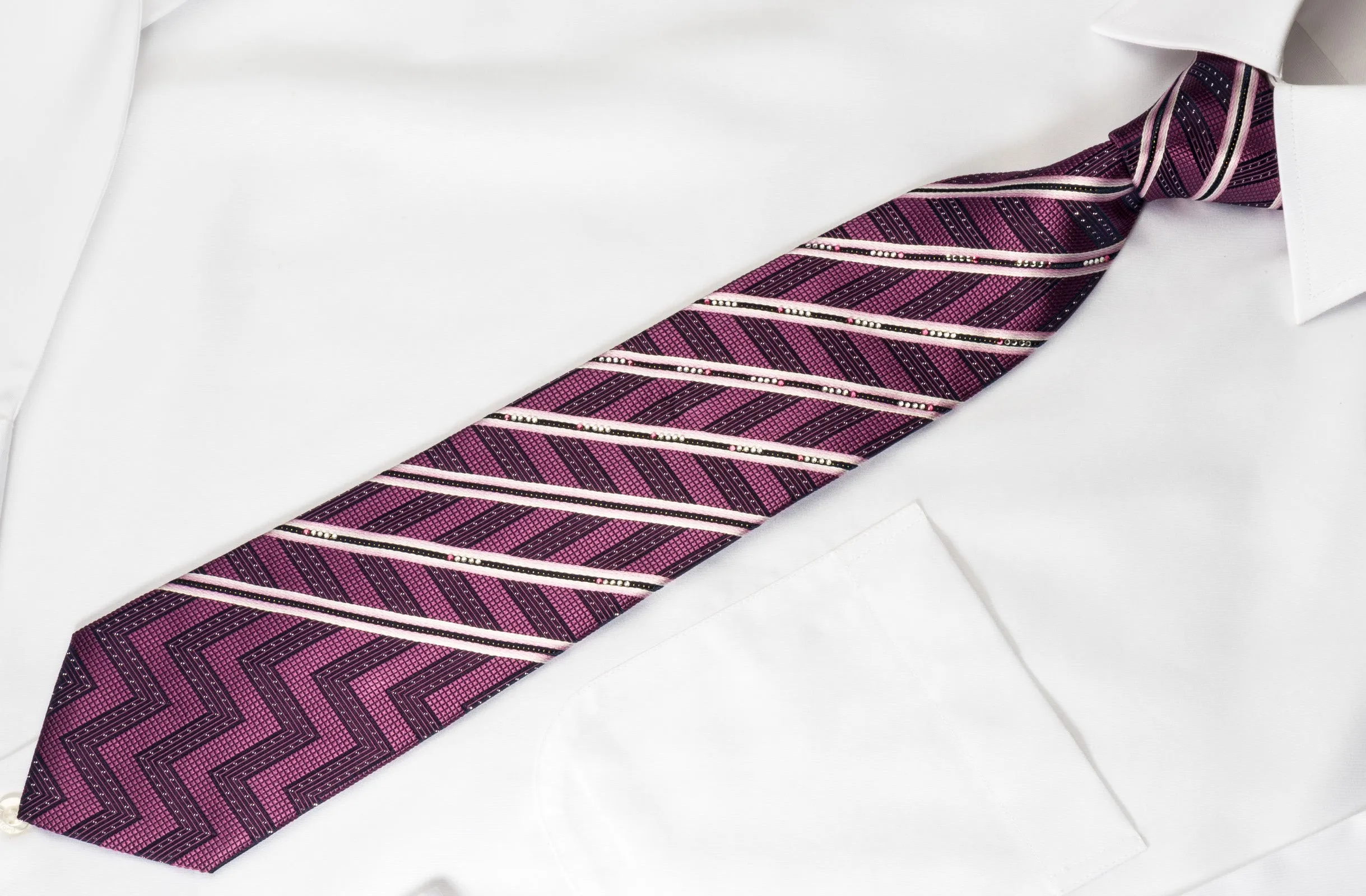 Pierre Cardin Silk Rhinestone Necktie Silver Stripes On Purple With Sparkles