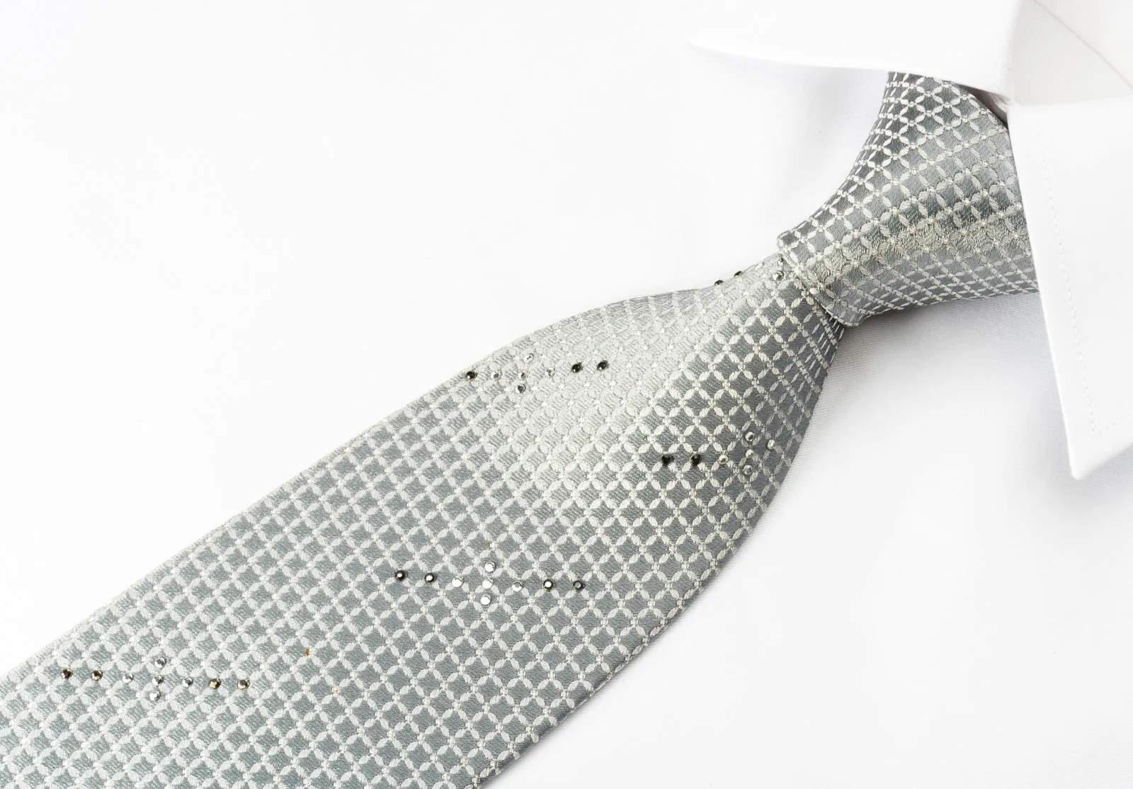 Pierre Cardin Silk Rhinestone Tie Geometric Trellis On Silver With Silver Sparkles