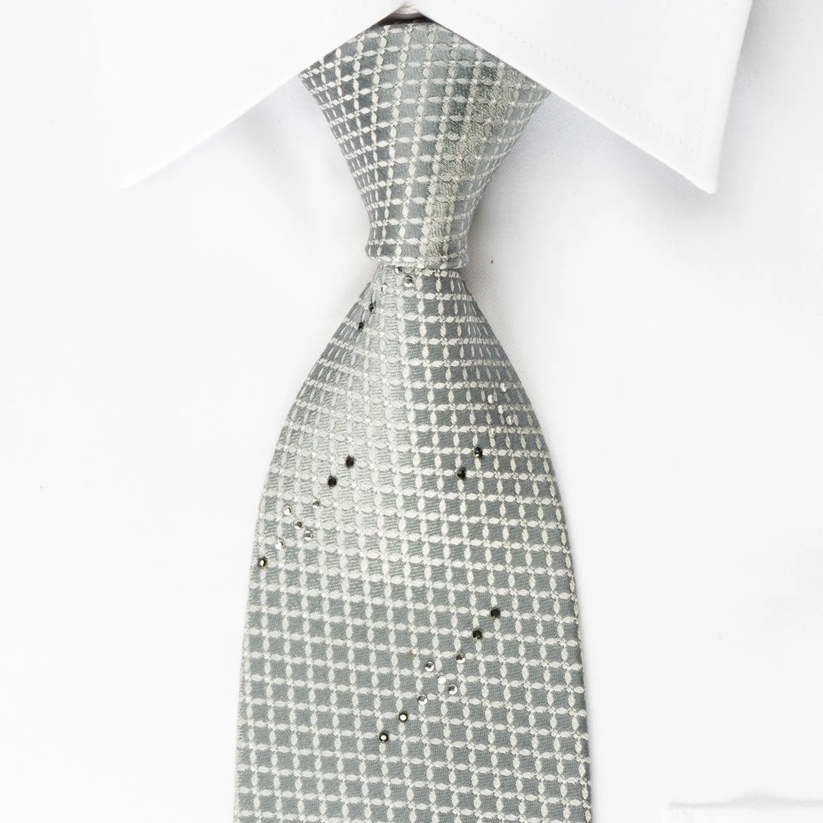 Pierre Cardin Silk Rhinestone Tie Geometric Trellis On Silver With Silver Sparkles