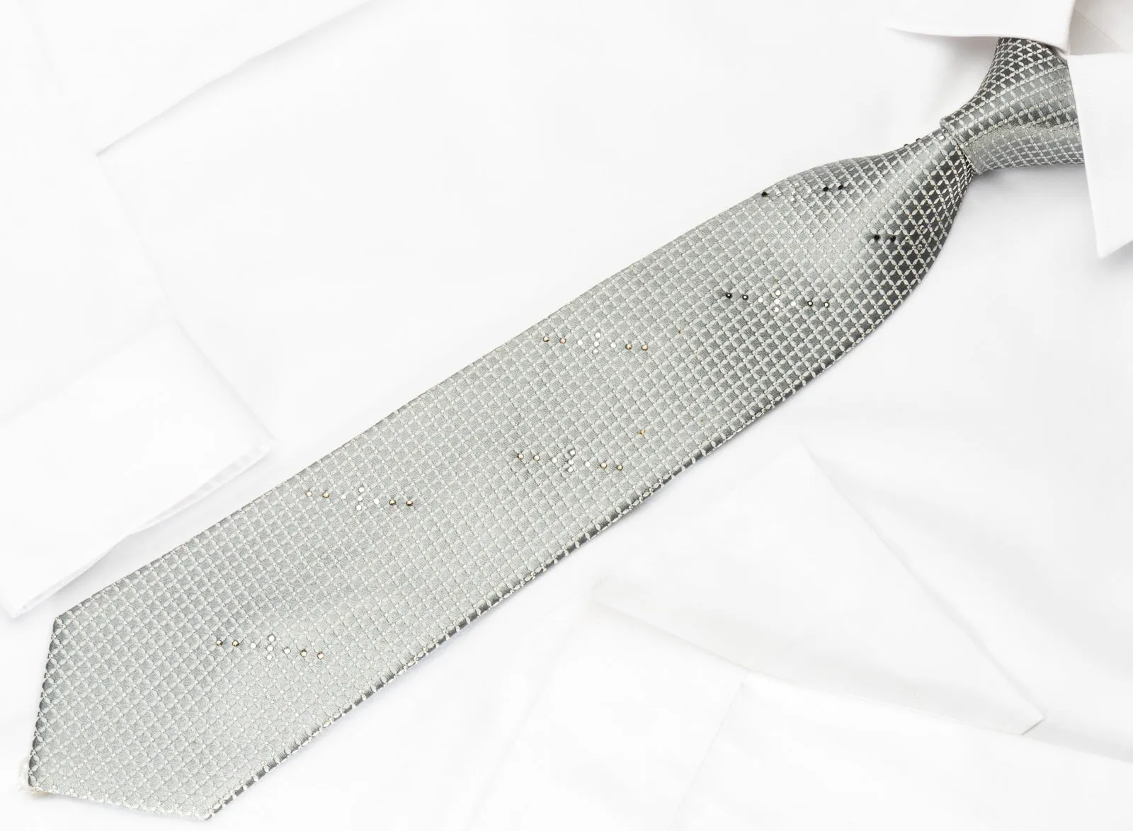 Pierre Cardin Silk Rhinestone Tie Geometric Trellis On Silver With Silver Sparkles