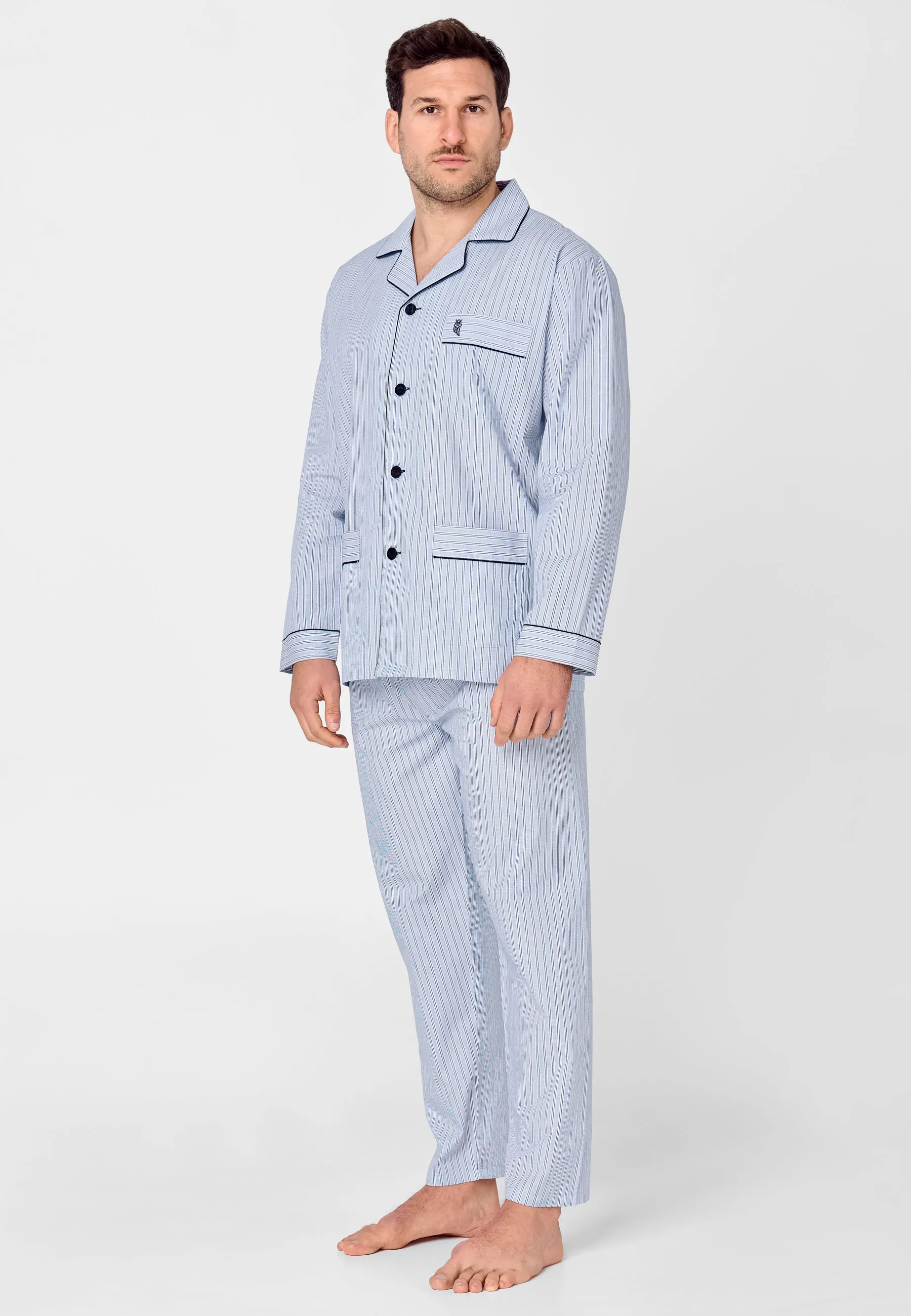 Pijama Hombre Largo Solapa Algodón Popelín Rayas - Azul 1531_39