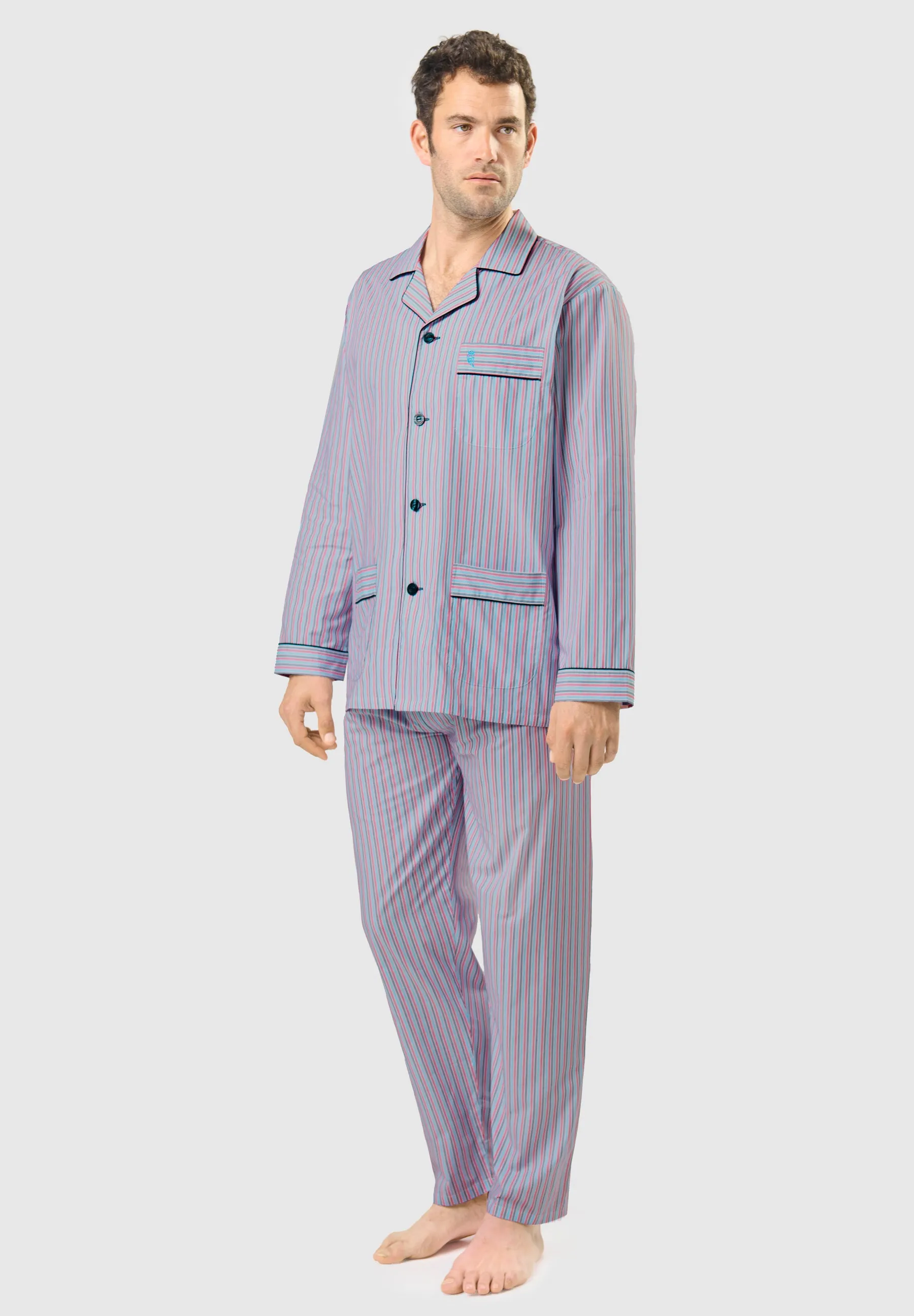 Pijama Hombre Largo Solapa Algodón Popelín Rayas - Blanco 1539_01