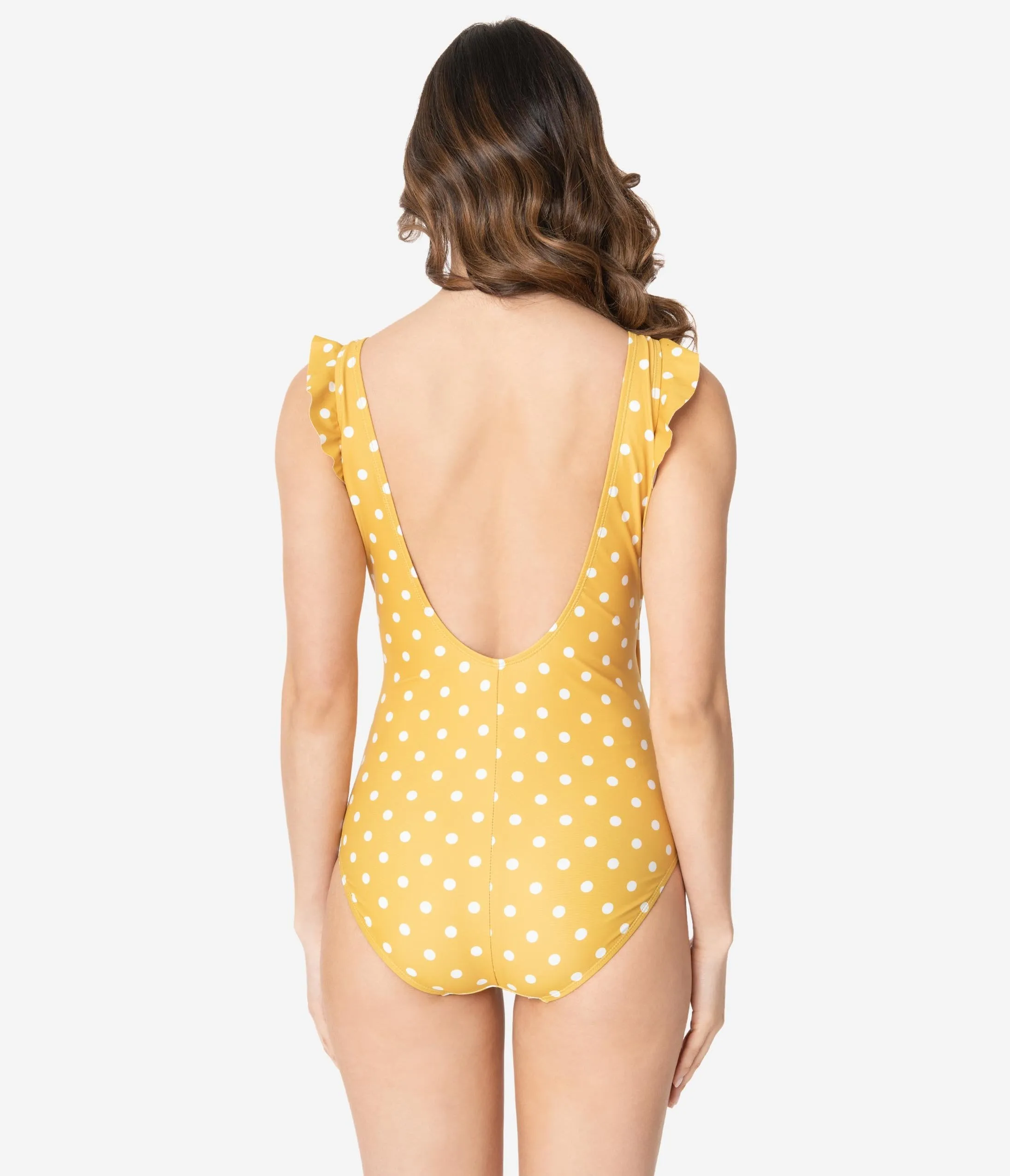 Pin-Up Style Mustard & White Polka Dot Ruffle One Piece Swimsuit