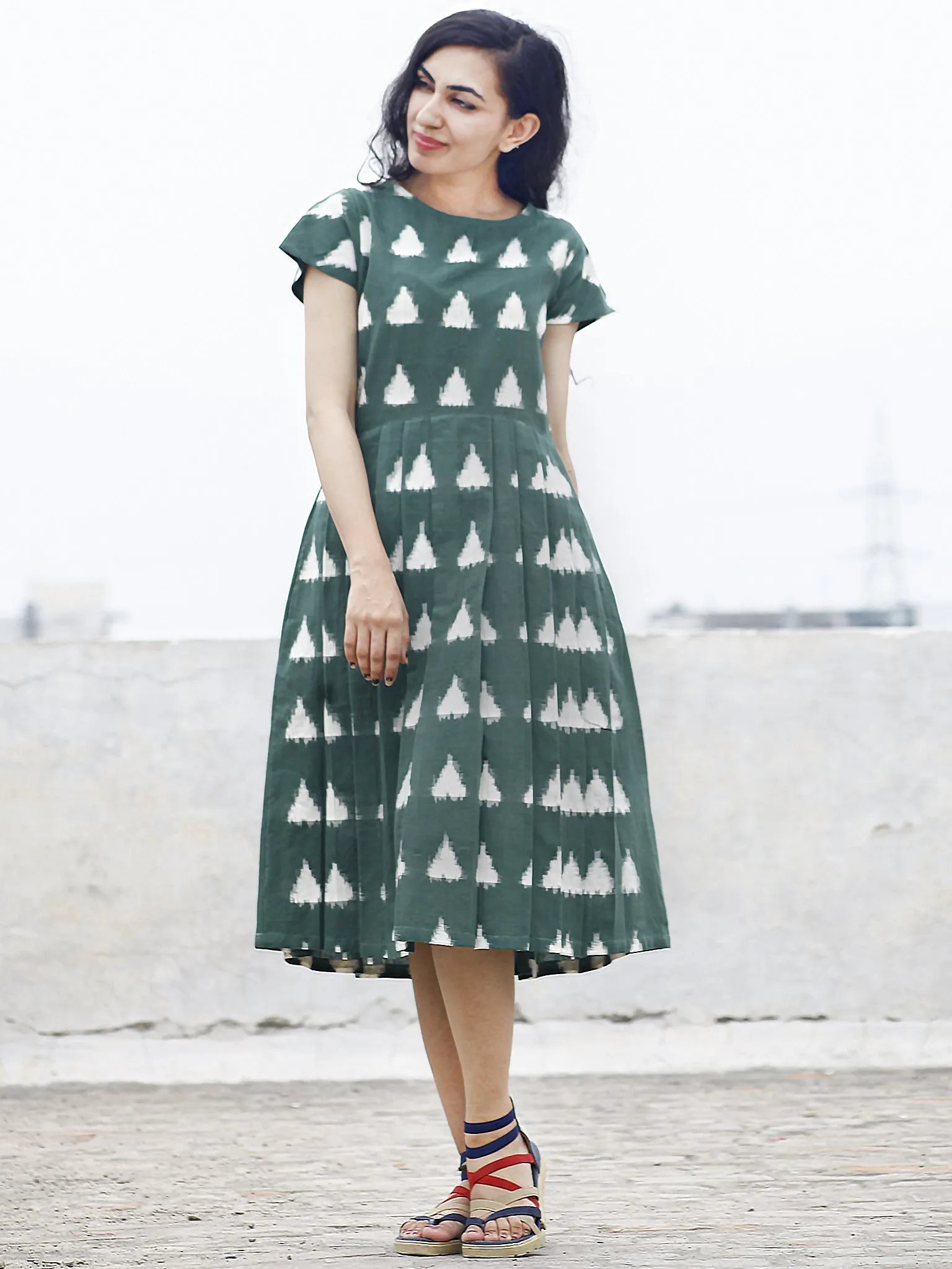 Pine Green Ivory Handwoven Double Ikat Pleated Dress With Side Pockets & Back Zip -  D65F854