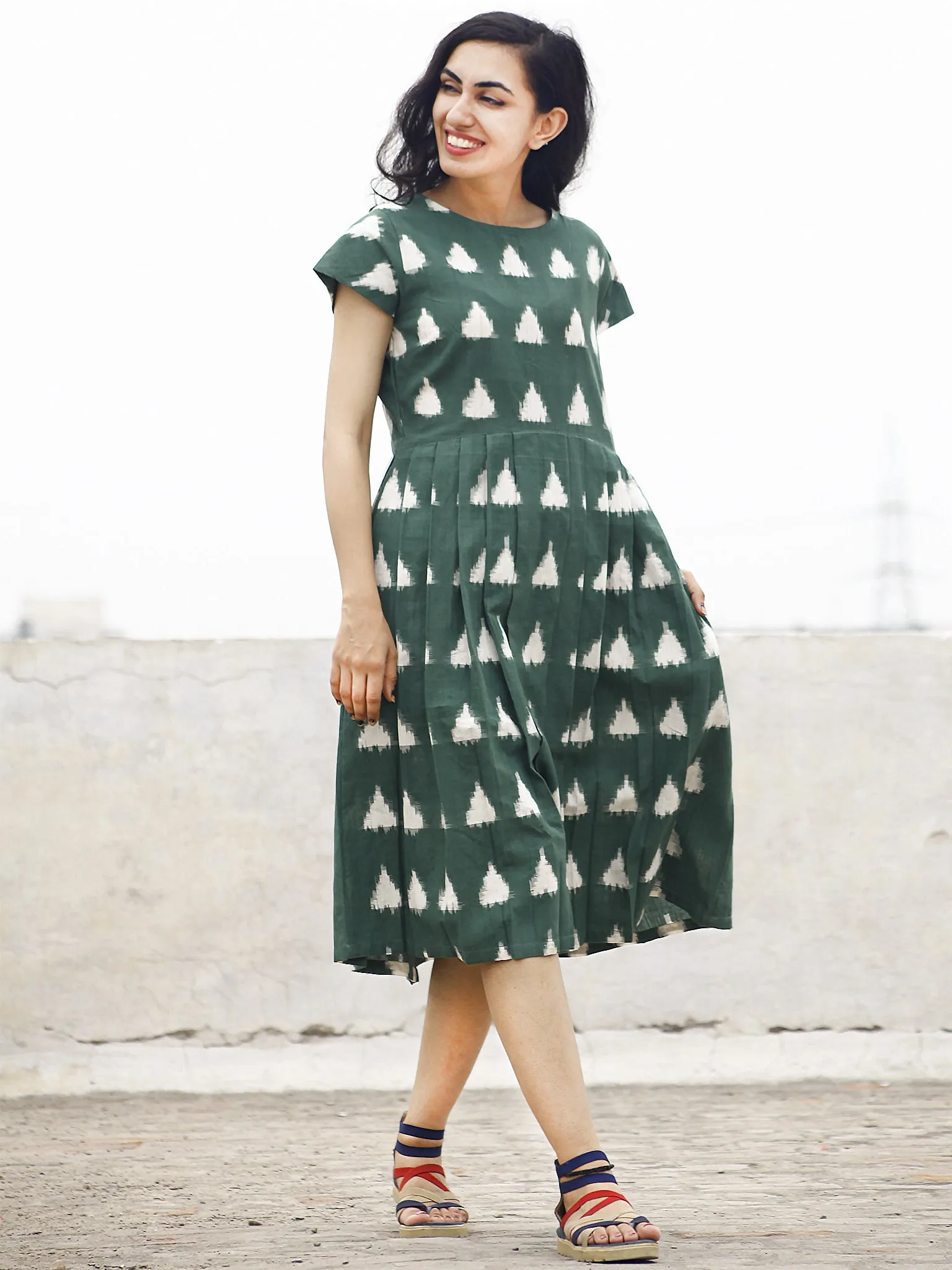 Pine Green Ivory Handwoven Double Ikat Pleated Dress With Side Pockets & Back Zip -  D65F854