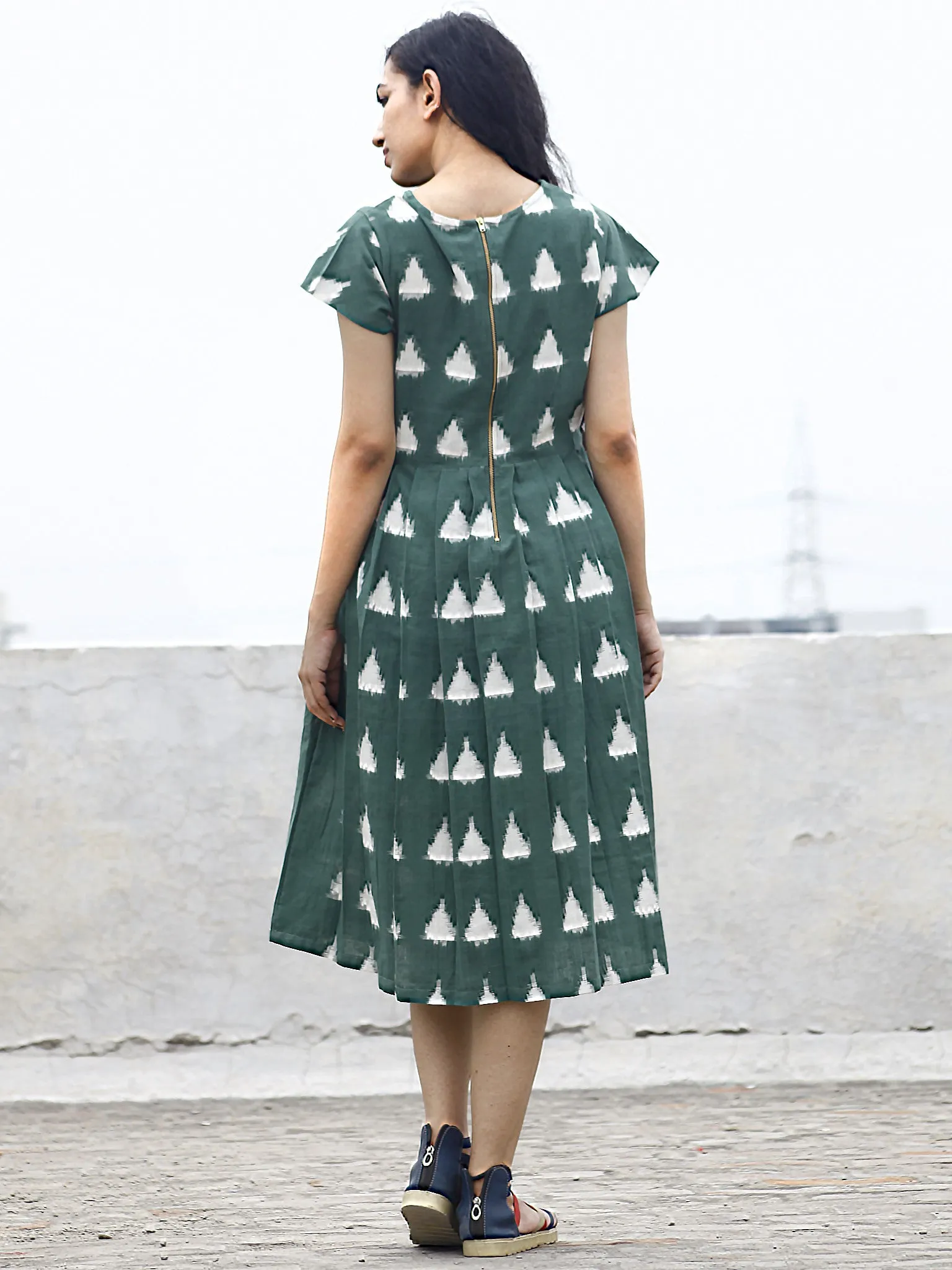 Pine Green Ivory Handwoven Double Ikat Pleated Dress With Side Pockets & Back Zip -  D65F854