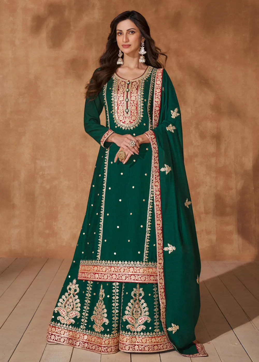 Pine Green Premium Silk Designer Palazzo Style Suit