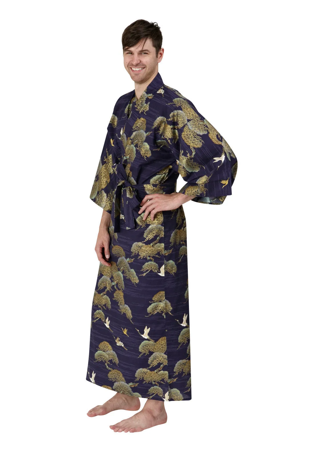 Pines & Cranes Mens Long Cotton Kimono