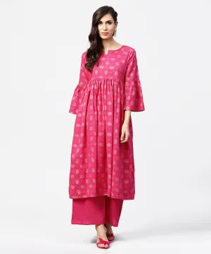 Pink 3/4Th Flared Sleeve Cotton Anarkali Kurta With Ankle Length Pallazo