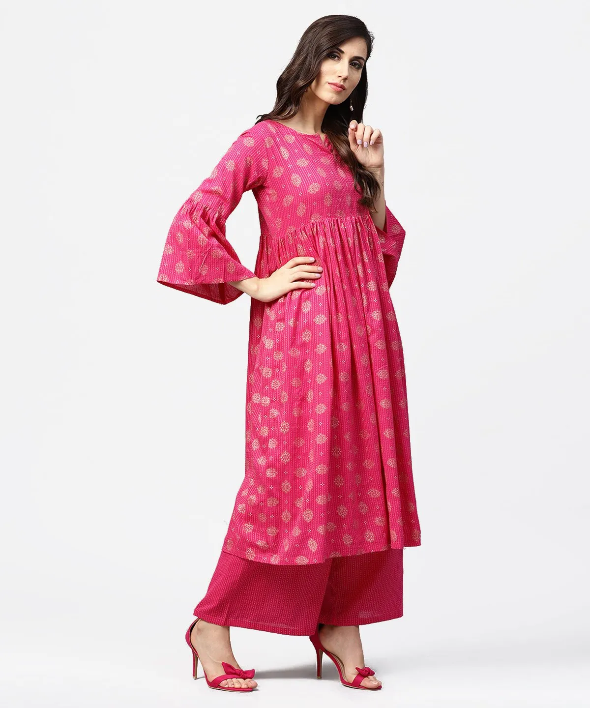 Pink 3/4Th Flared Sleeve Cotton Anarkali Kurta With Ankle Length Pallazo