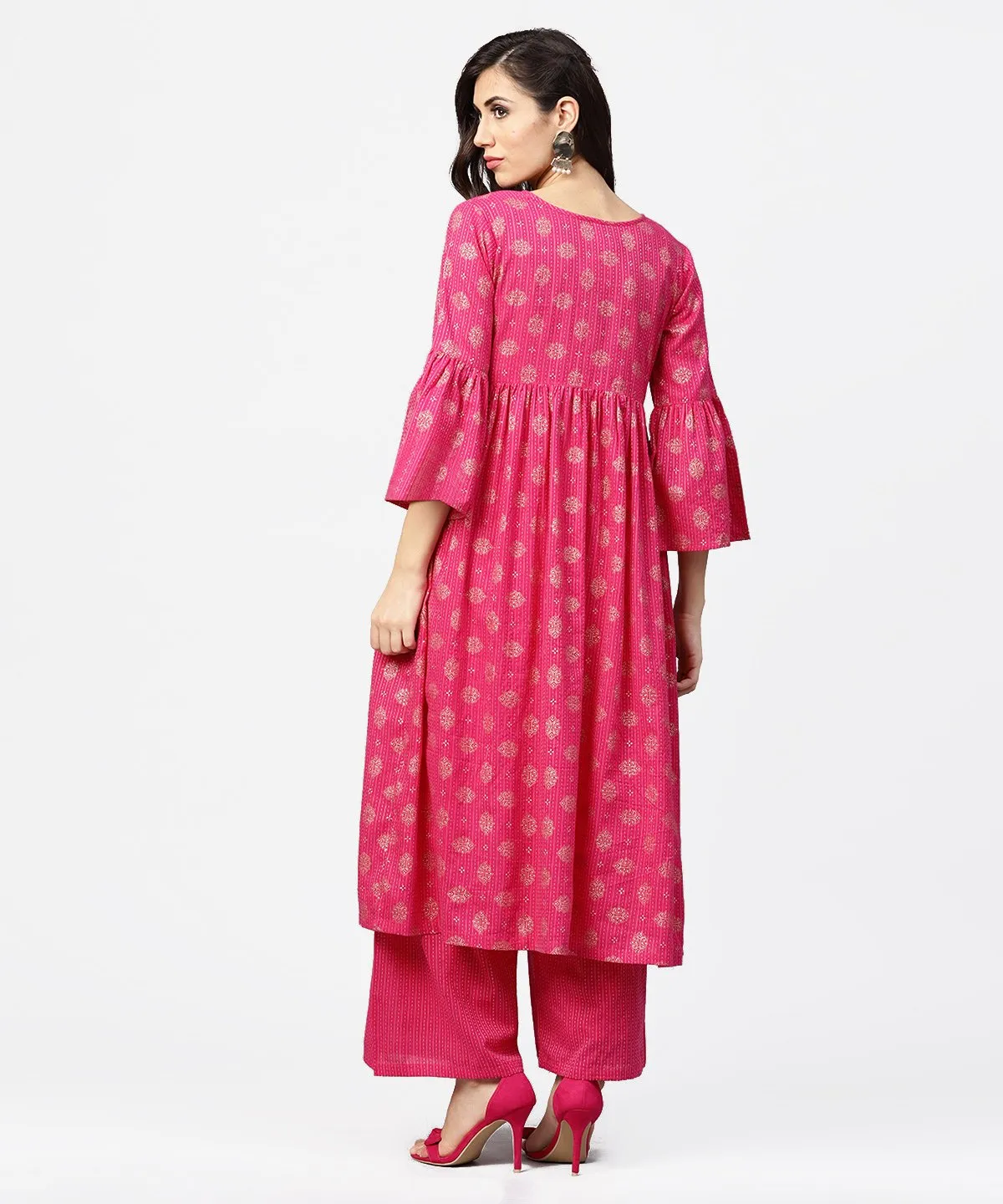 Pink 3/4Th Flared Sleeve Cotton Anarkali Kurta With Ankle Length Pallazo