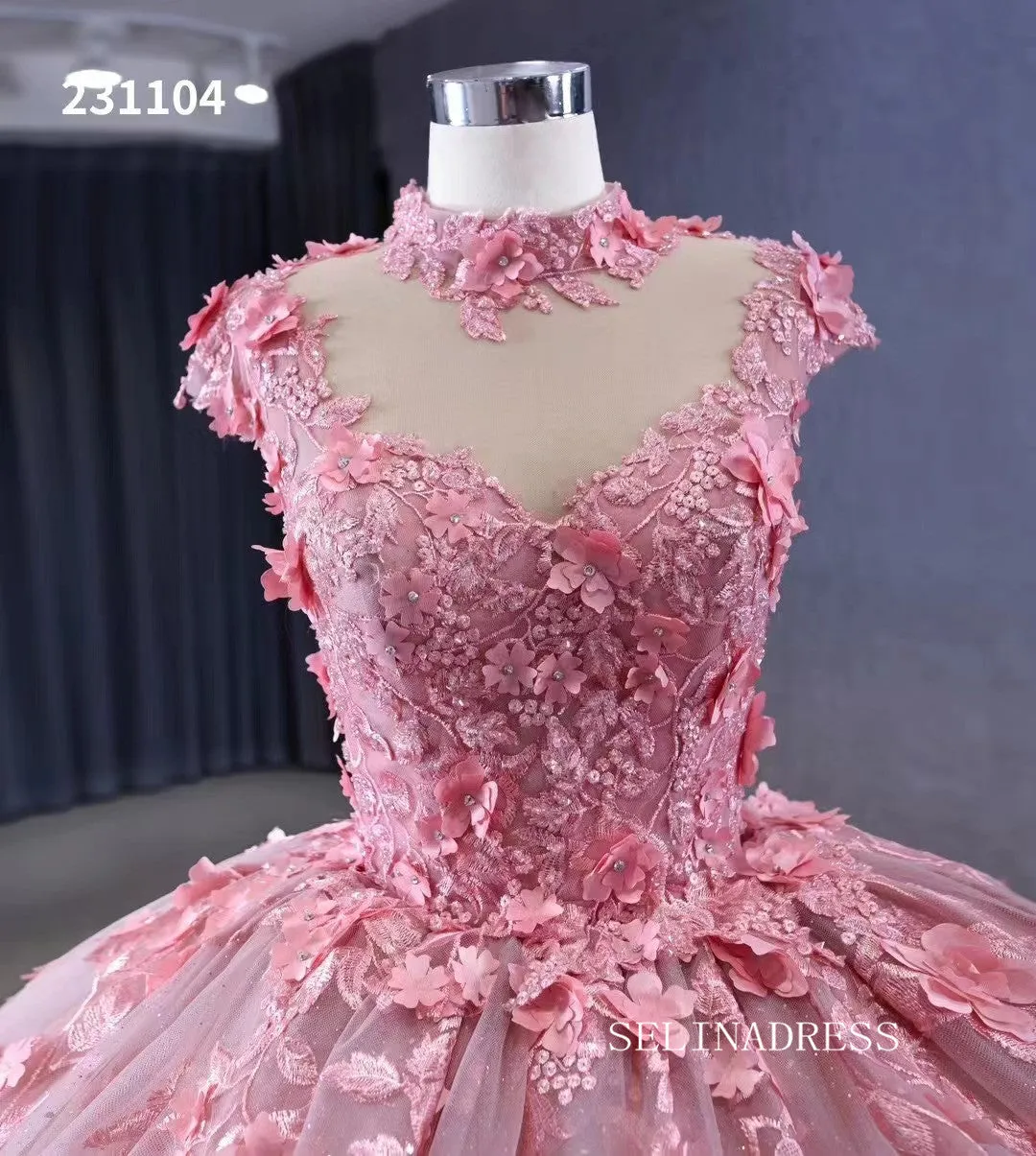 Pink 3D Flower Lace Wedding Gown High Neck Quinceanera Dress 231104