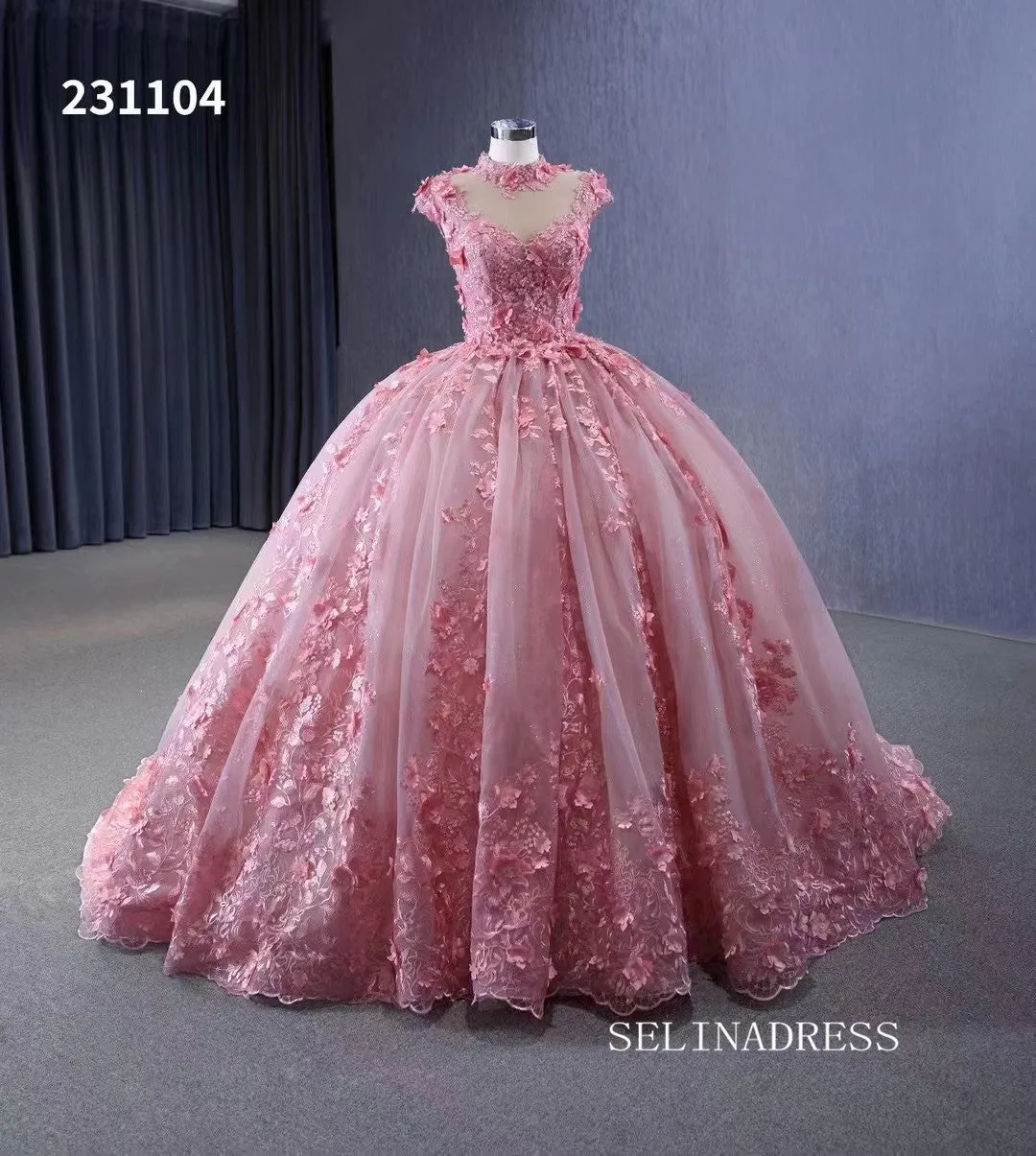 Pink 3D Flower Lace Wedding Gown High Neck Quinceanera Dress 231104