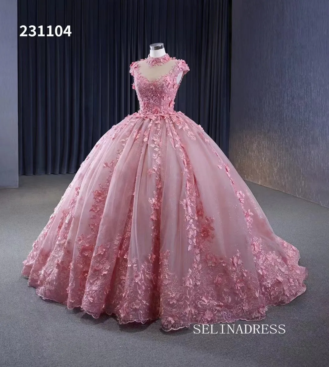 Pink 3D Flower Lace Wedding Gown High Neck Quinceanera Dress 231104