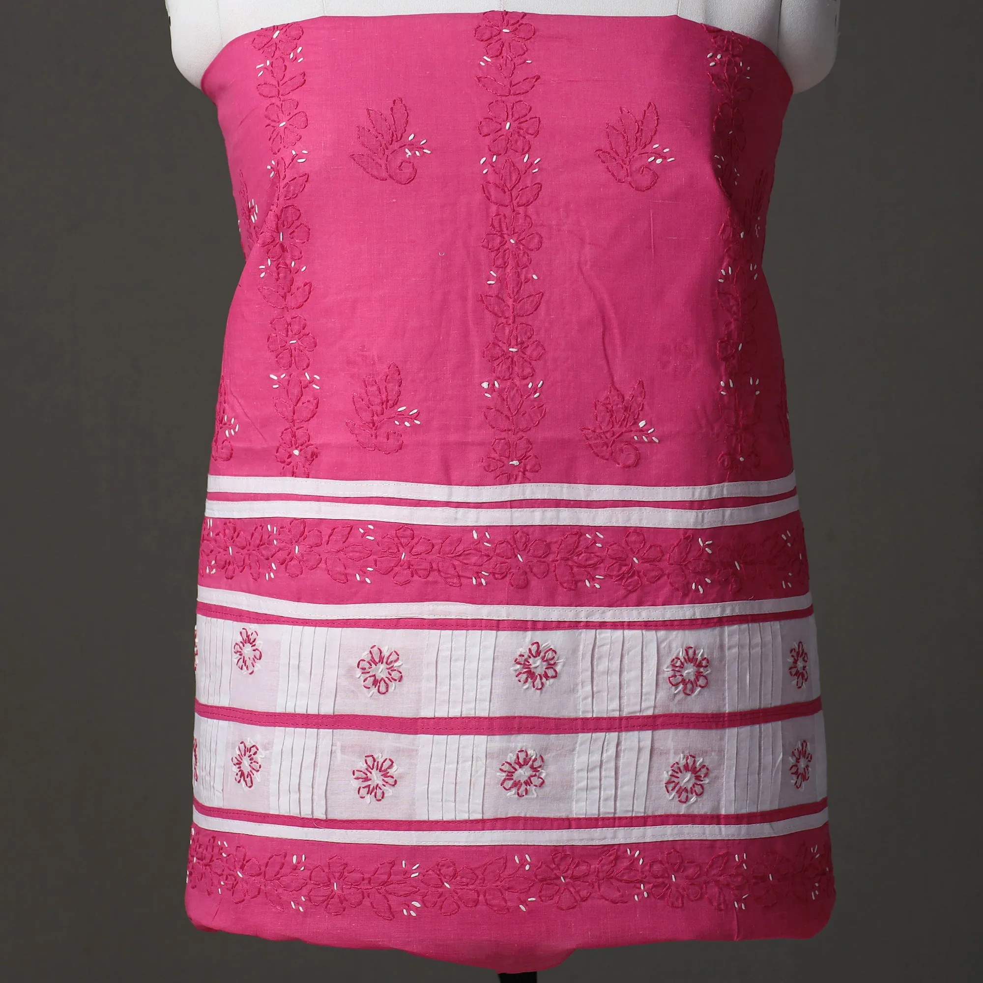 Pink - 3pc Lucknow Chikankari Hand Embroidery Cotton Suit Material Set 21