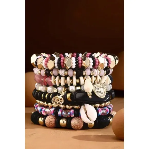 Pink 8-Strand Stretch Layered Bracelet Set w/ Cowrie Shell Charm