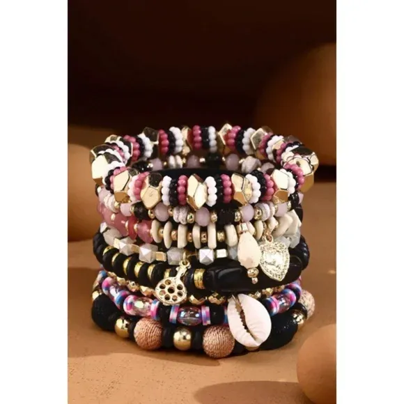 Pink 8-Strand Stretch Layered Bracelet Set w/ Cowrie Shell Charm