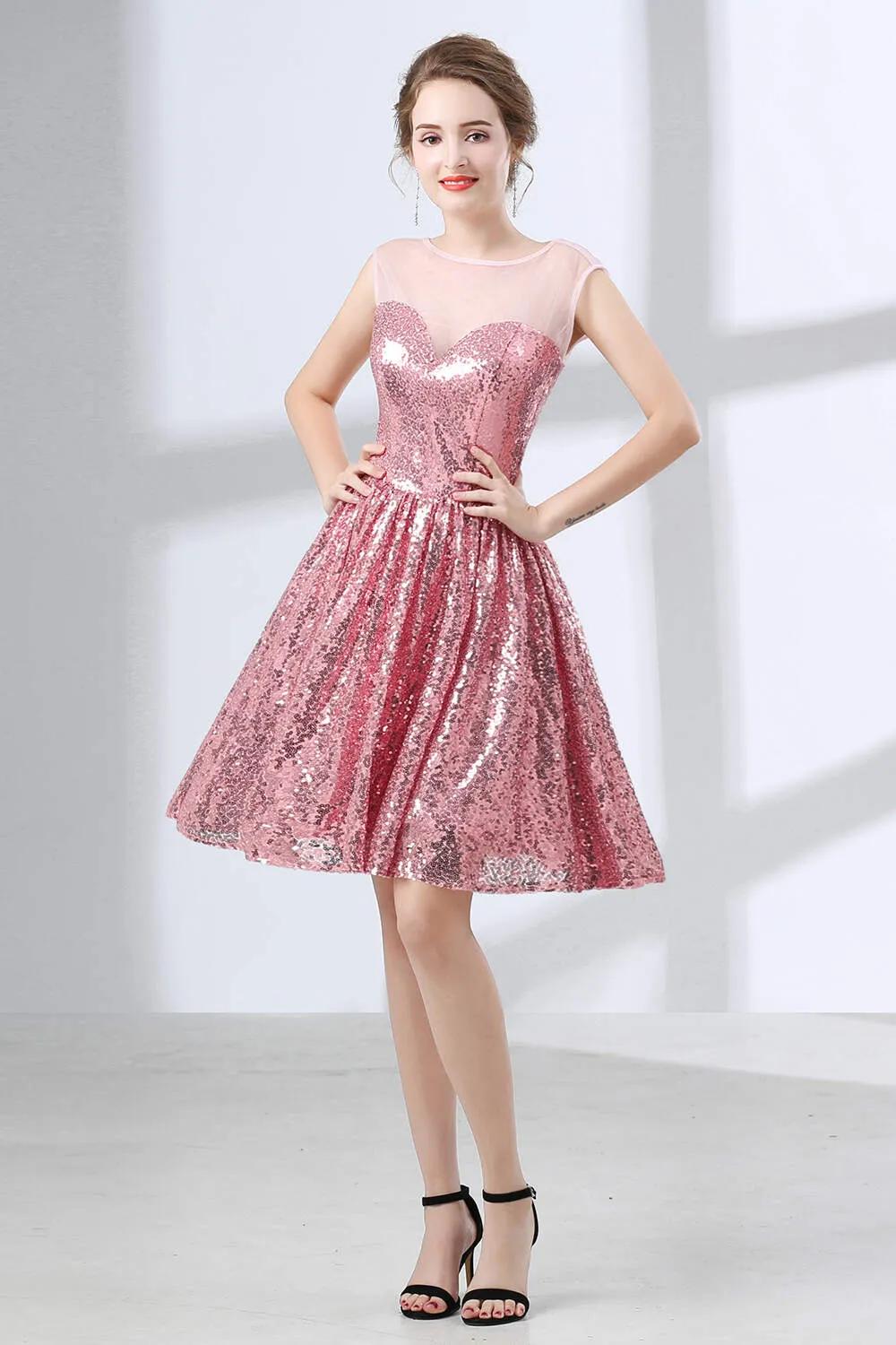 Pink A-Line Sequined Short Homecoming Dresses