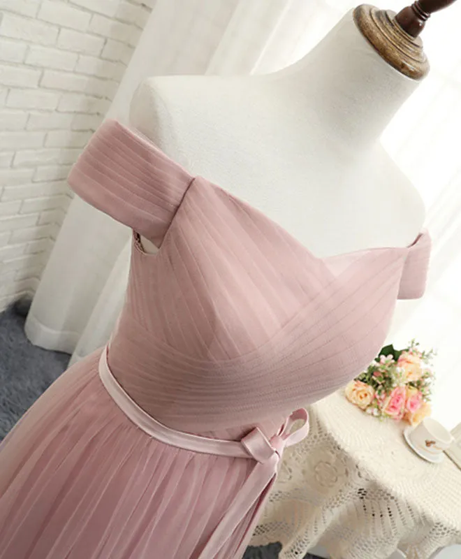 Pink A LineTulle Off Shoulder Long Prom Dress, Evening Dress