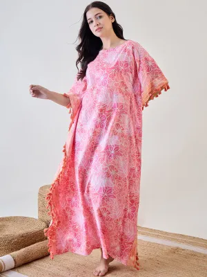 Pink Abstract Floral Orange Tasseled Cotton Kaftan Nightdress