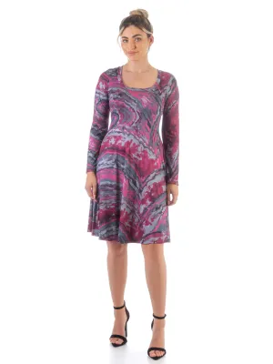 Pink Abstract Long Sleeve Knee Length T Shirt Dress