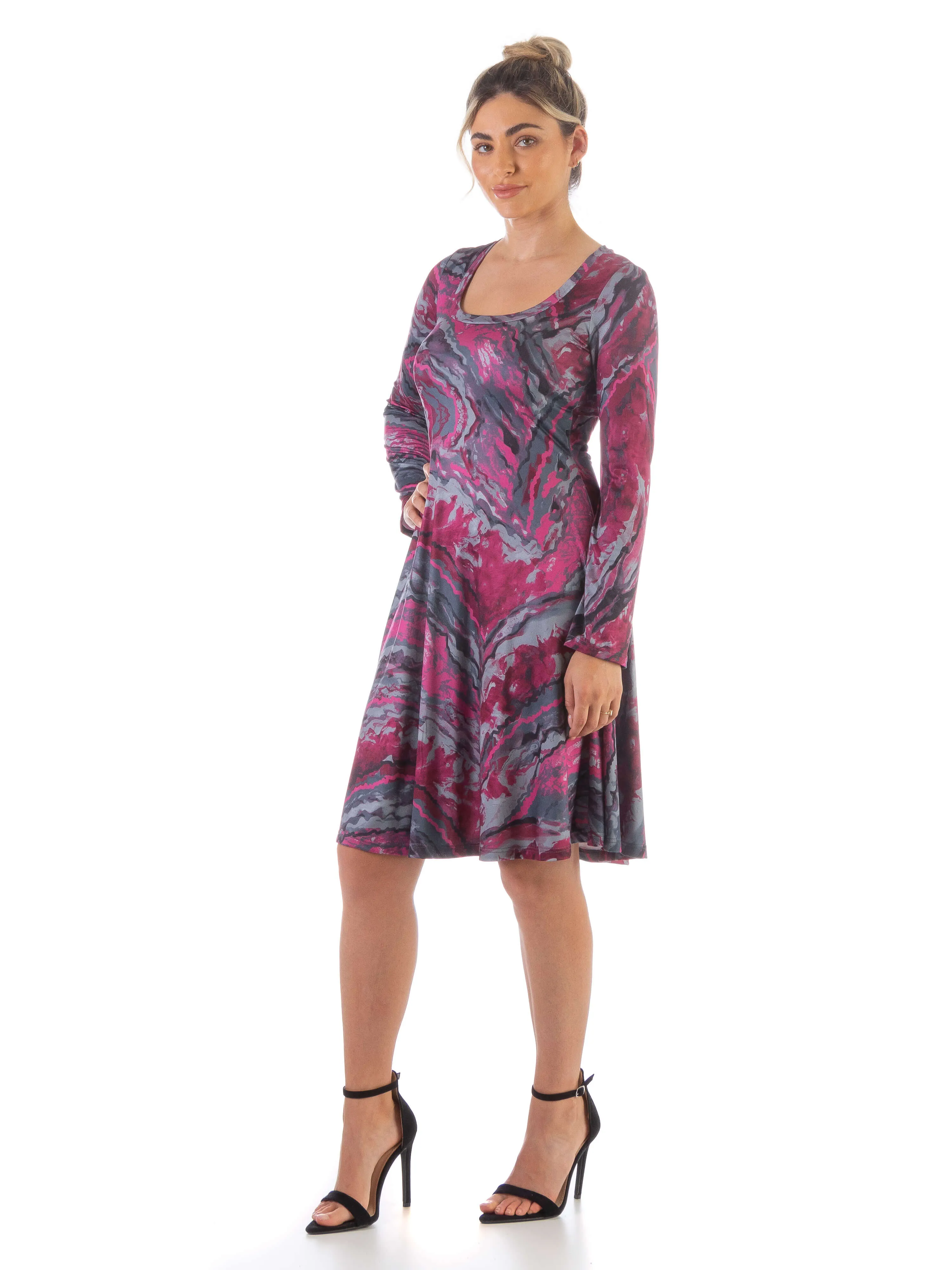 Pink Abstract Long Sleeve Knee Length T Shirt Dress