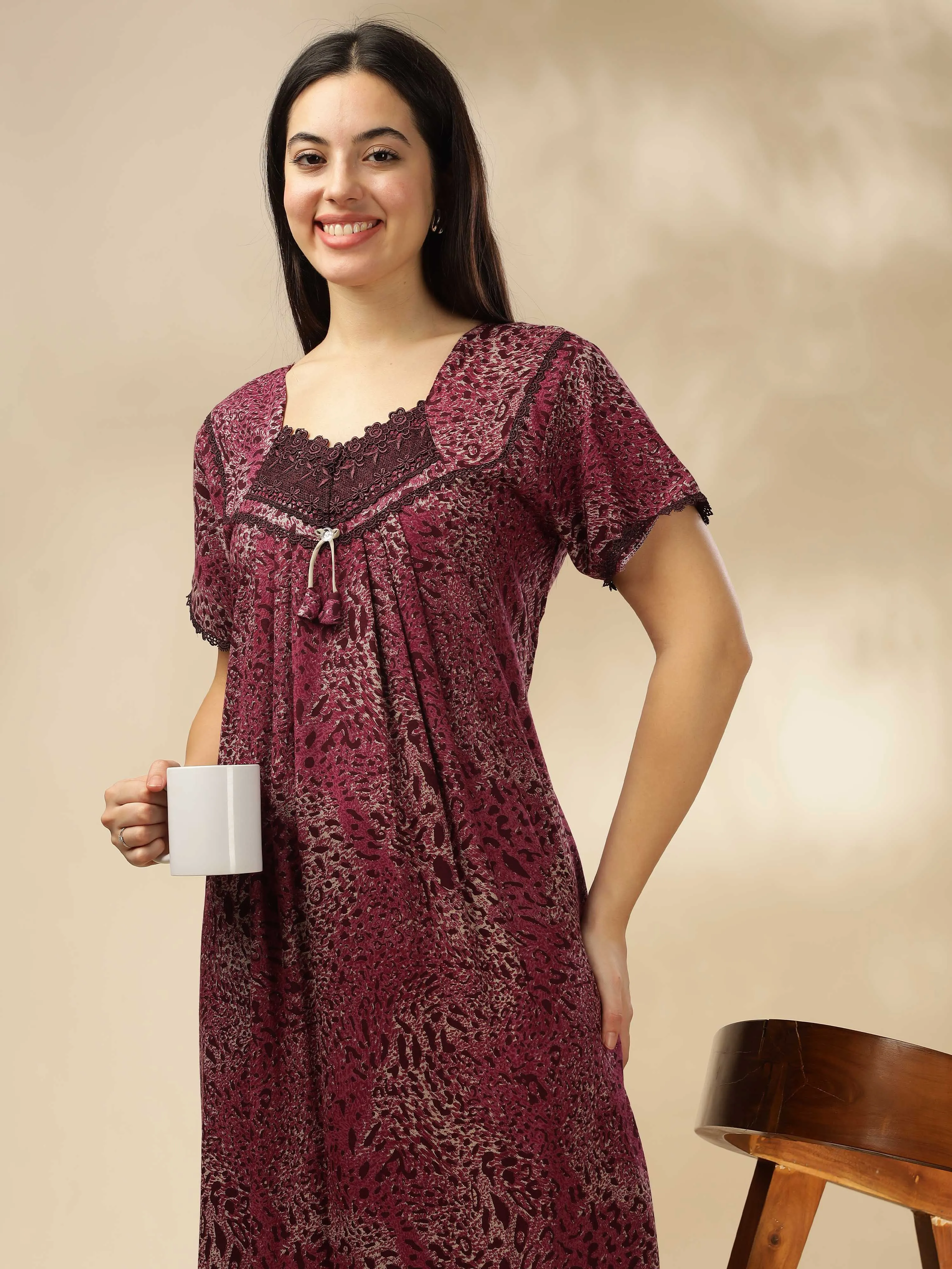 Pink Alpine Pleated Designer Nighty for Women With Comfortable & Stylish