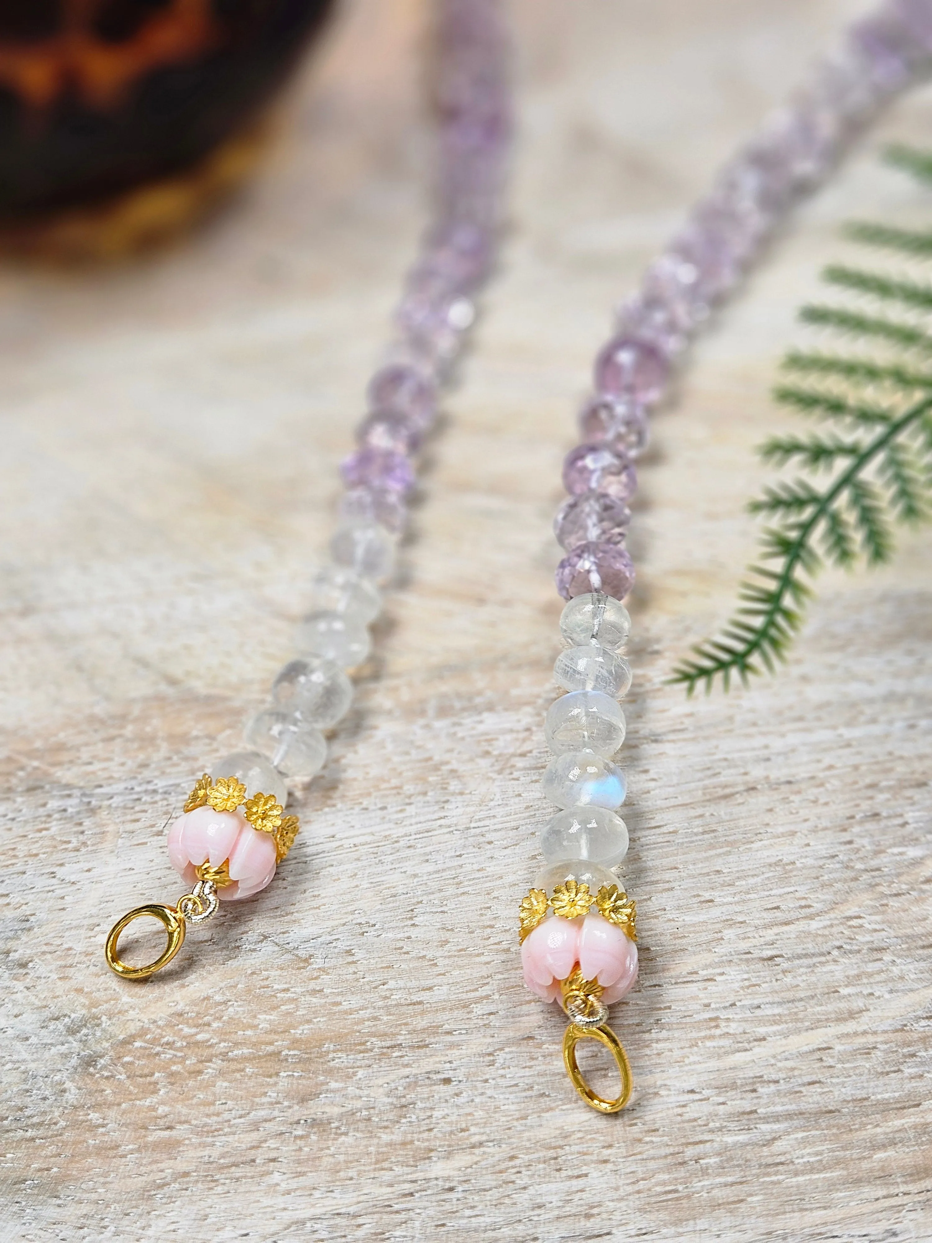 Pink Amethyst, Rainbow Moonstone, Pink Shell Carved Flower Pastel Lilac Gemstone 18K Gold Open Loop Necklace 18"