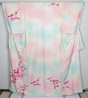 Pink & Baby Blue Women's Houmongi Kimono - Chinese Bellflower Chrysanthemum Acer Palmatum