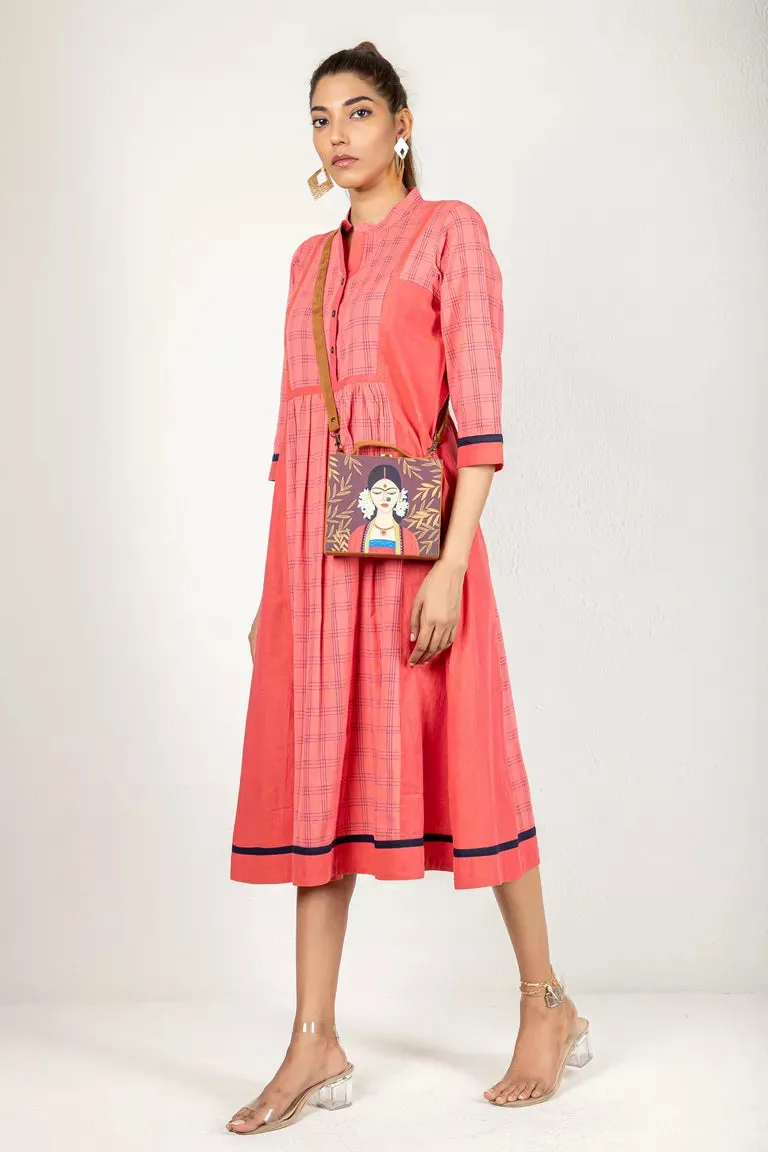 Pink & Deep Blue Woven Checked Kurta Dress