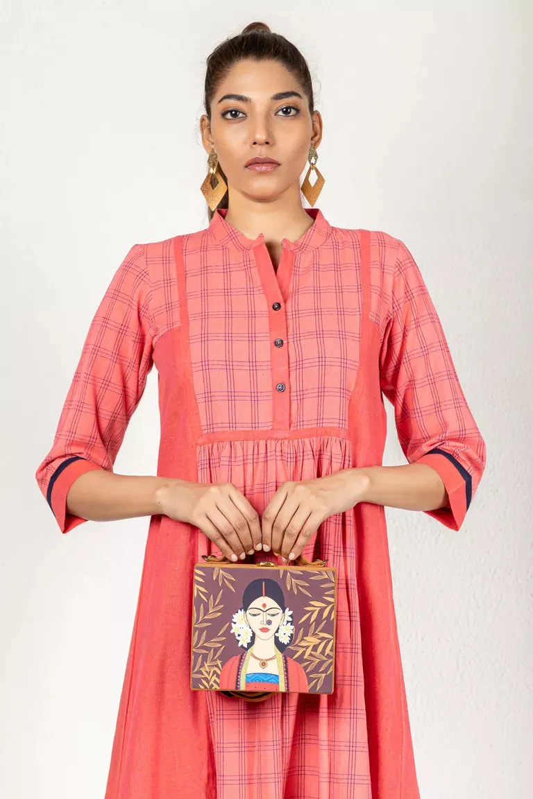 Pink & Deep Blue Woven Checked Kurta Dress